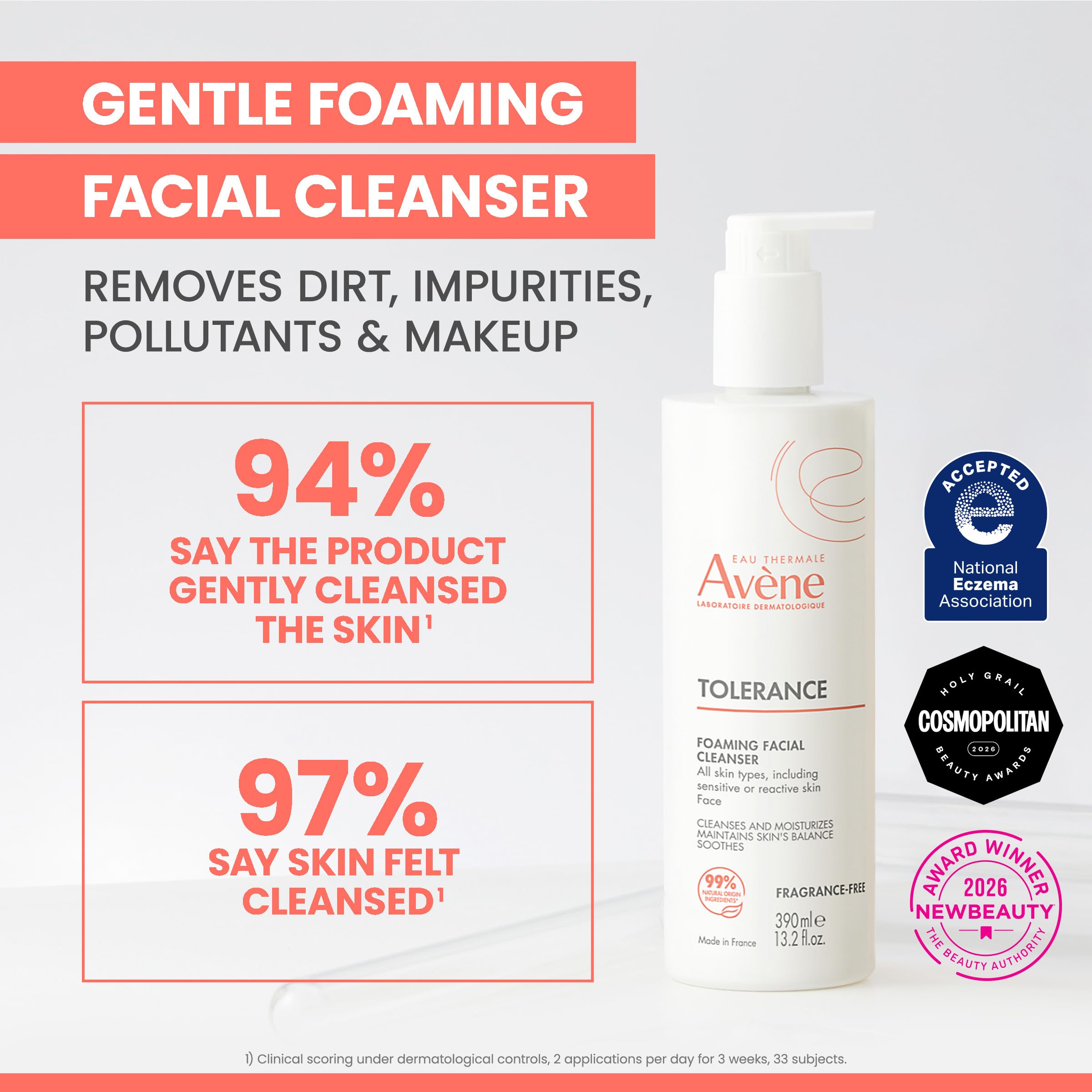 Eau Thermale Avène Tolérance Gentle Foaming Facial Cleanser for sensitive skin, 5 oz, in a white pump bottle with a blue label.