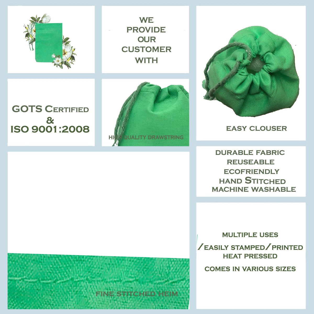 ecogreentextiles Green Christmas Bags, 100% Organic Cotton birthday bag for gift wrapping, Grocery, Jewelry, and Makeup,