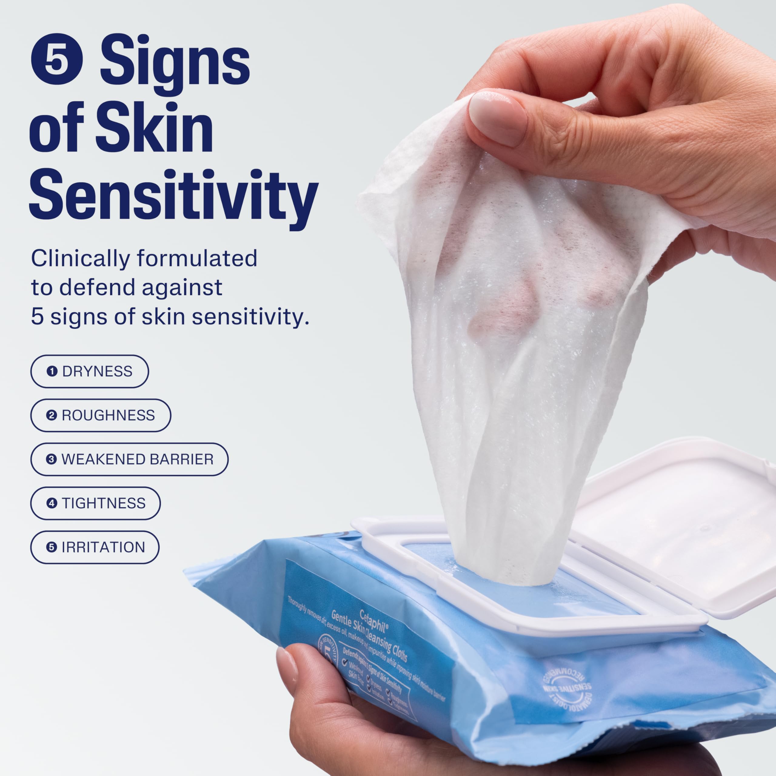 Cetaphil fragrance-free cleansing face and body wipes in a 50-count pack, suitable for gentle skin cleaning.