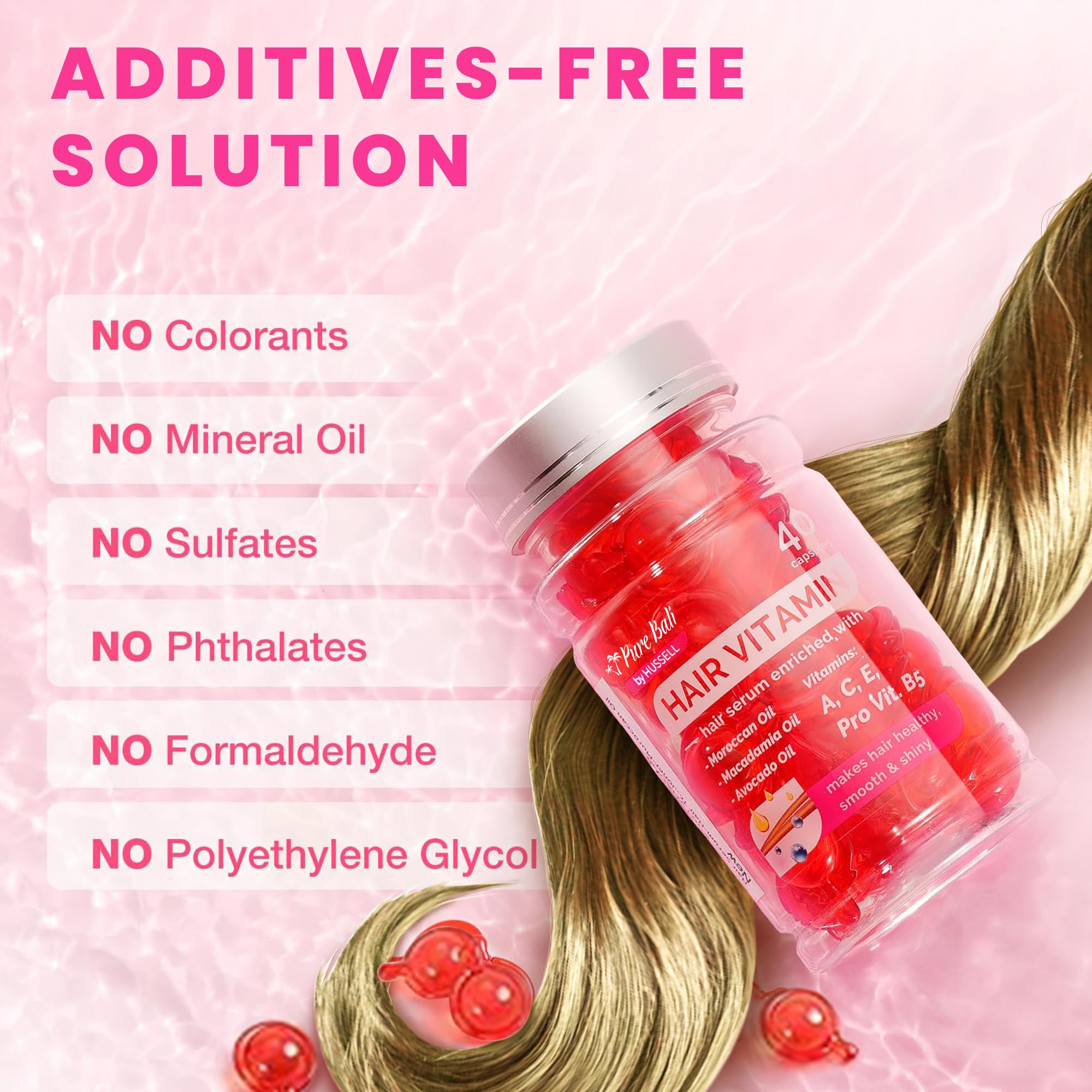 Bali Secret Hair Oil Capsules with argan, macadamia, and avocado for topical hair regrowth treatment, shown in a close-up image