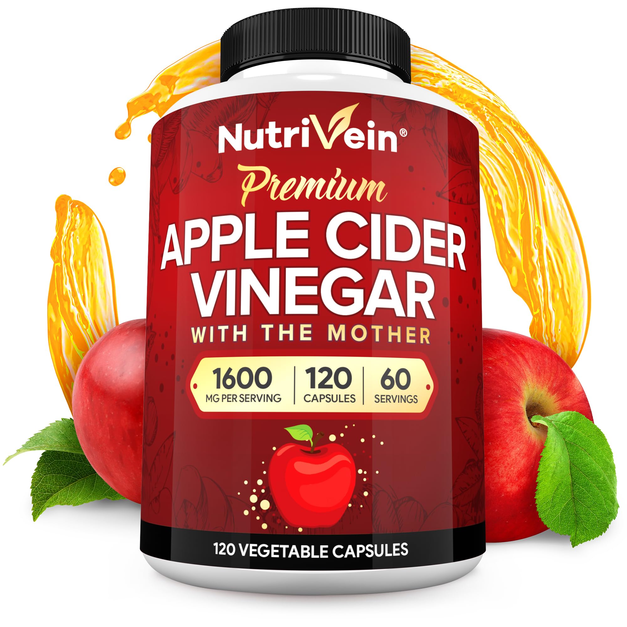 Nutrivein Apple Cider Vinegar Supplement with Mother 1600 mg - 120 Capsules