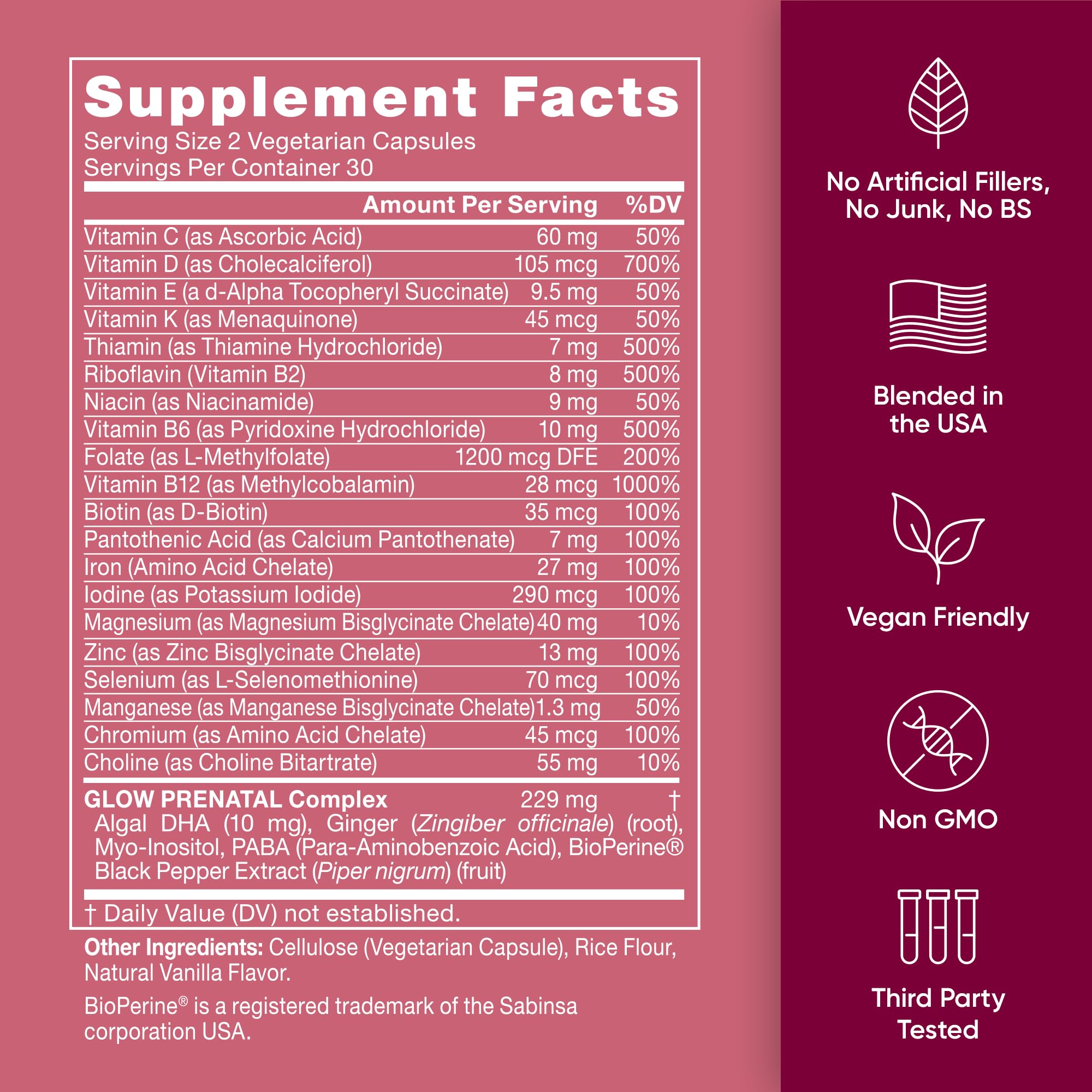Eu Natural Glow Prenatal Vitamin bottle with 60 vegetarian capsules, containing folate and DHA for pregnant women.