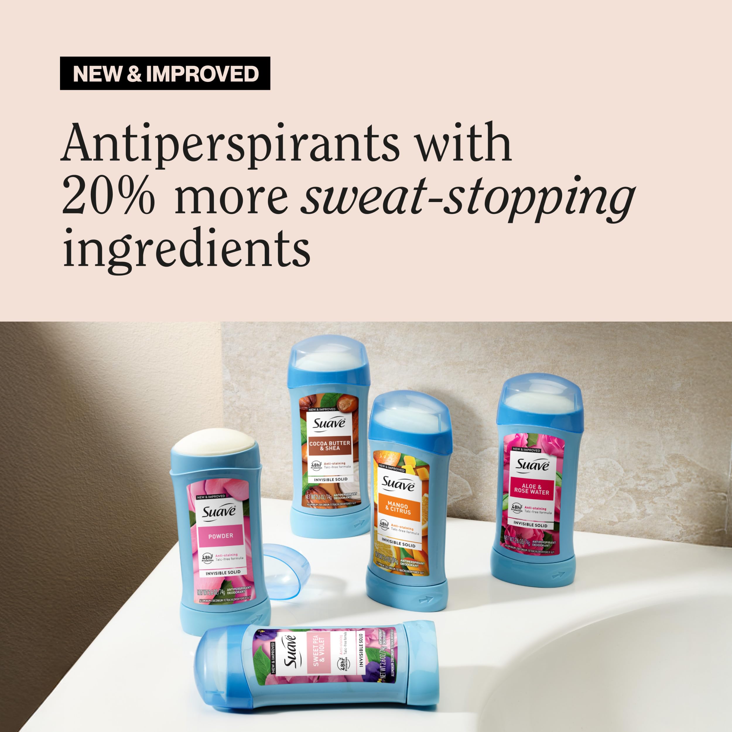 Suave Women's Antiperspirant Deodorant Powder 1.2oz, 12-pack, featuring white powder deodorant sticks with blue accents.