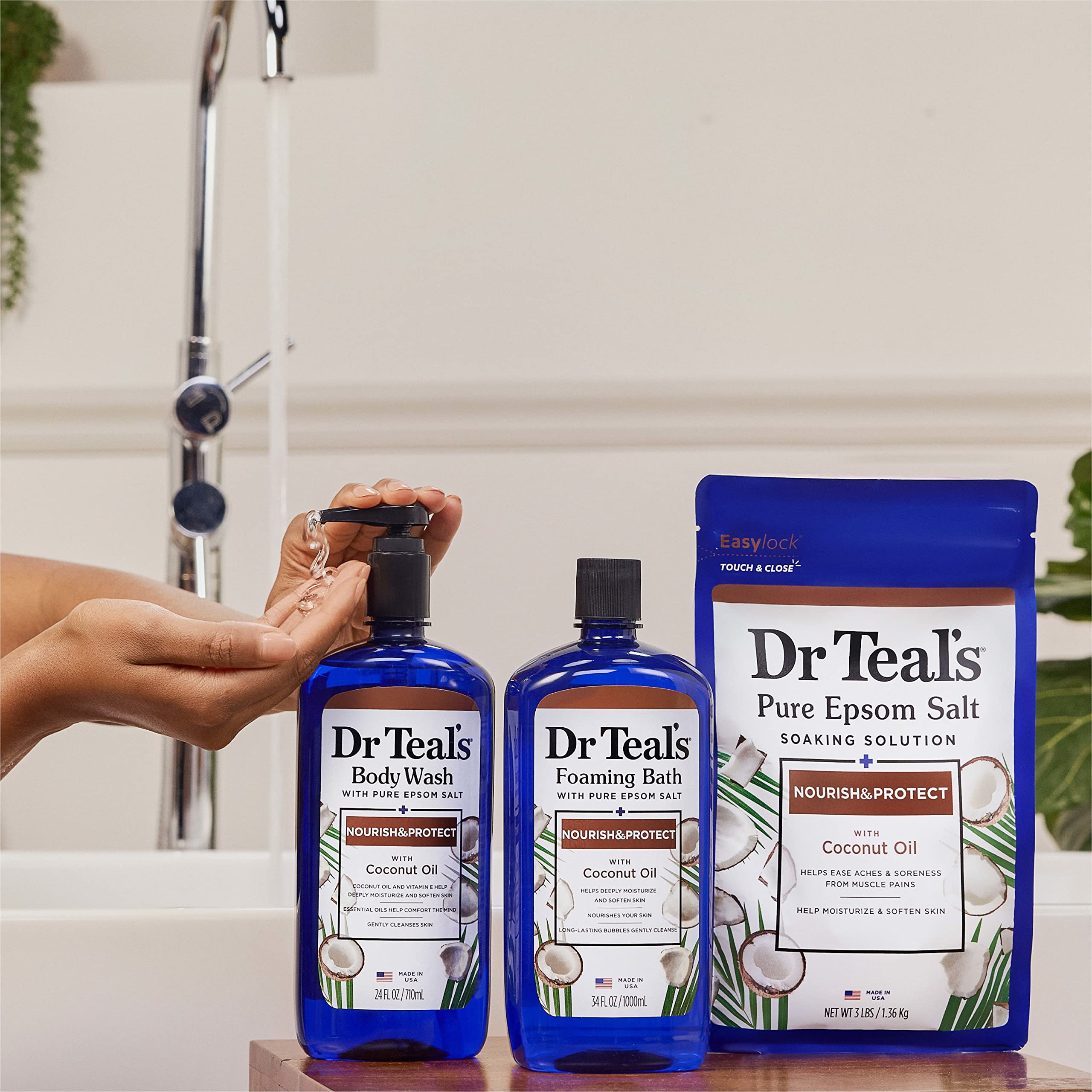 Dr Teal's foaming bath with pure Epsom salt, coconut oil, and nourishing ingredients in a 34 fl oz bottle.