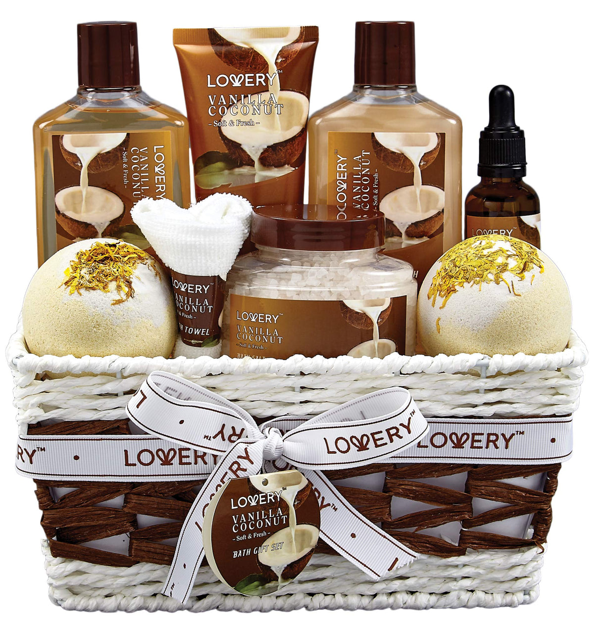 LOVERY Gifts For Women Gift Basket for Women– 9 Piece Set of Vanilla Coconut Home Spa Set, Luxurious Gifts for Her, Bath