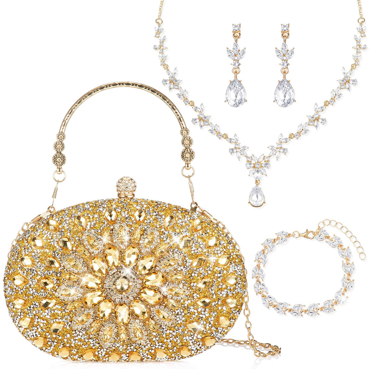 Quelay 4 Pcs Rhinestone Jewelry Set Clutch Bag – Gold, rhinestone, alloy