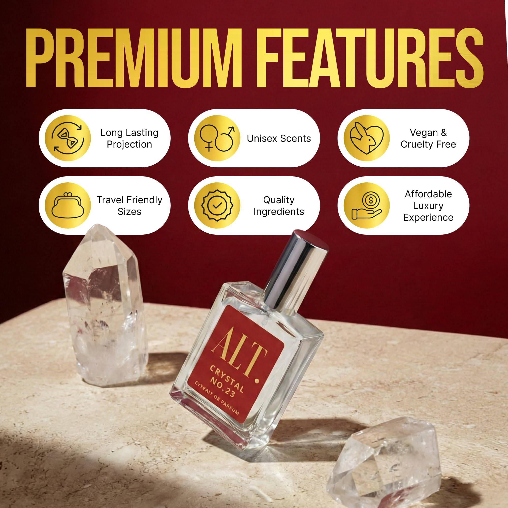 ALT. Fragrances Crystal No. 23 unisex extrait perfume bottle, 60ml, with elegant clear glass and minimalist design.