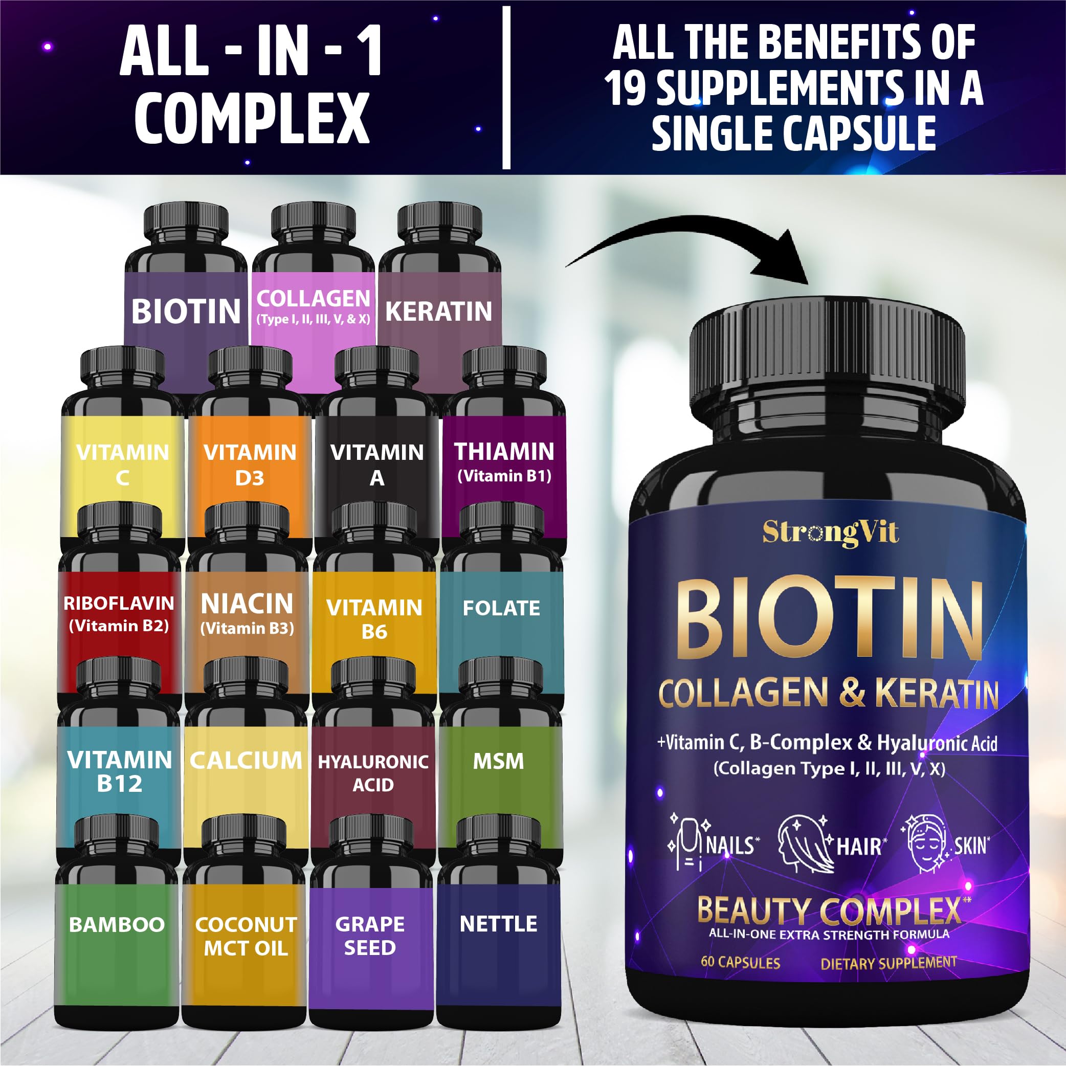 StrongVit Biotin with Hyaluronic Acid, Keratin and Collagen Supplements - 10000mcg for Hair Growth Women and Men - Hair Skin and Nails Vitamins - 60 Capsules