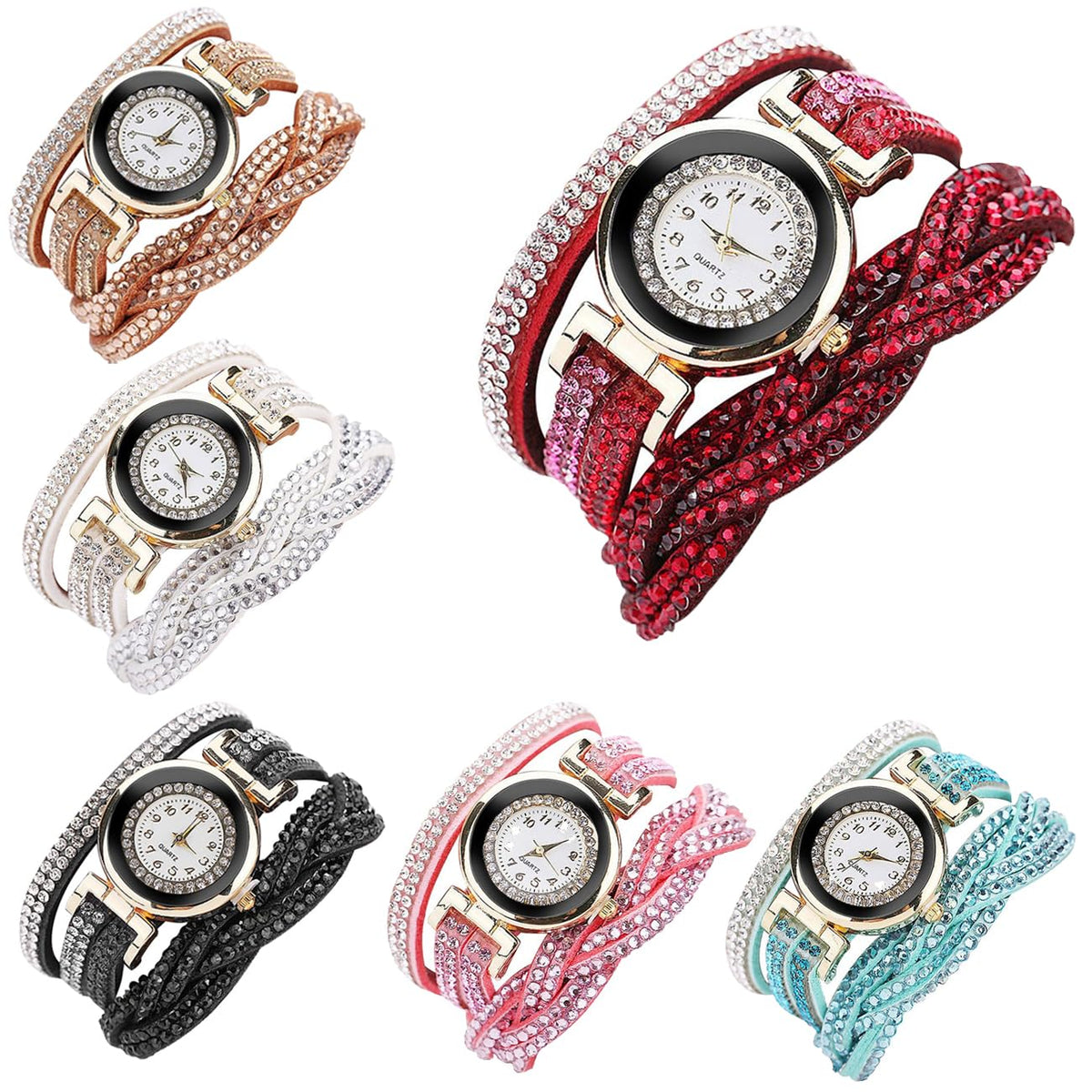 CdyBox Women Ladies Wholesale 6 Pack Diamond Watch Set Lot Leather Wrap Around Bracelet Analog Quartz Dress Wrist Watche