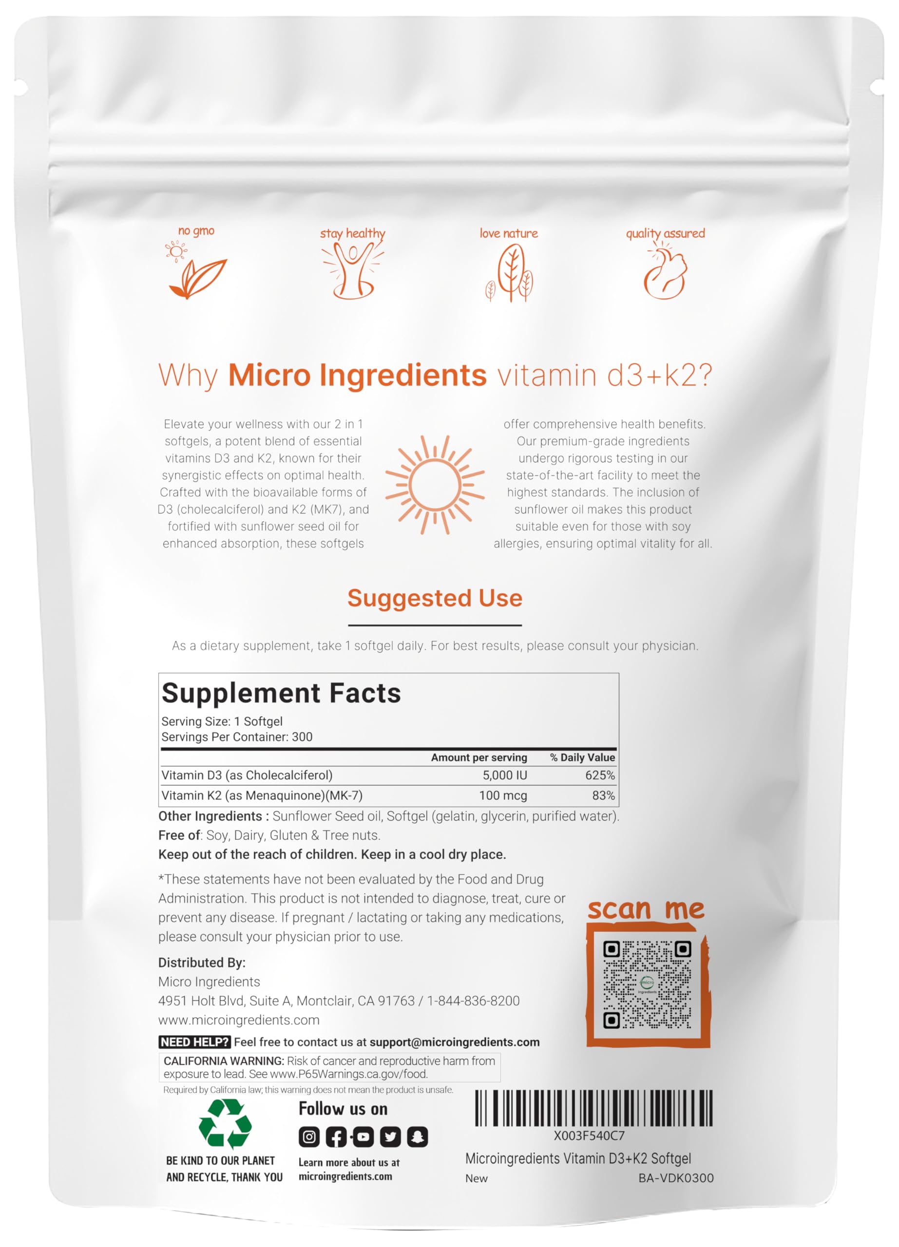 Micro Ingredients Vitamin D3 + K2 MK-7 5,000 IU Per Serving, 300 Softgels