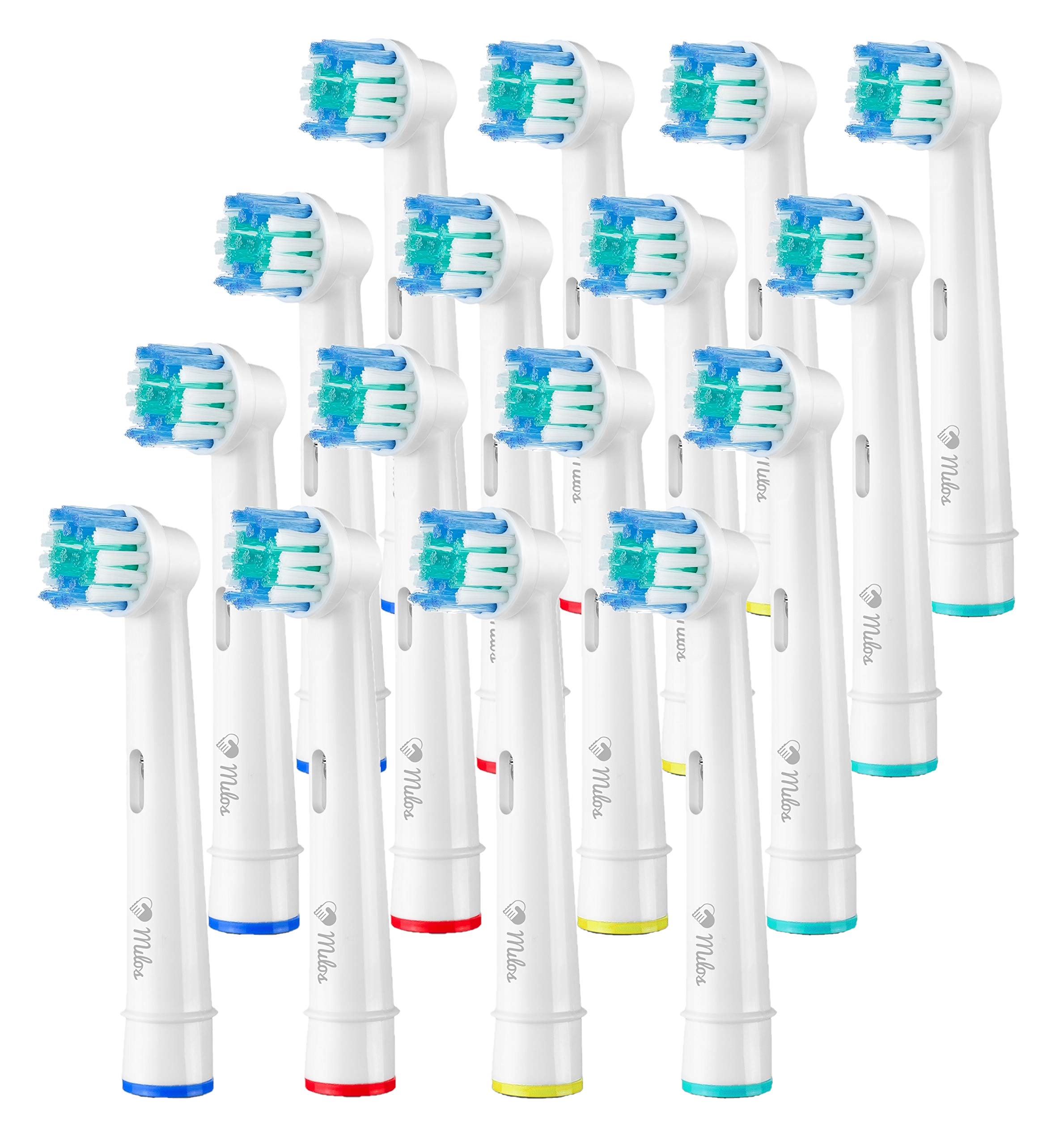 Set of 16 Milos replacement toothbrush heads for Oral-B electric toothbrushes, showing the brush heads with soft bristles.