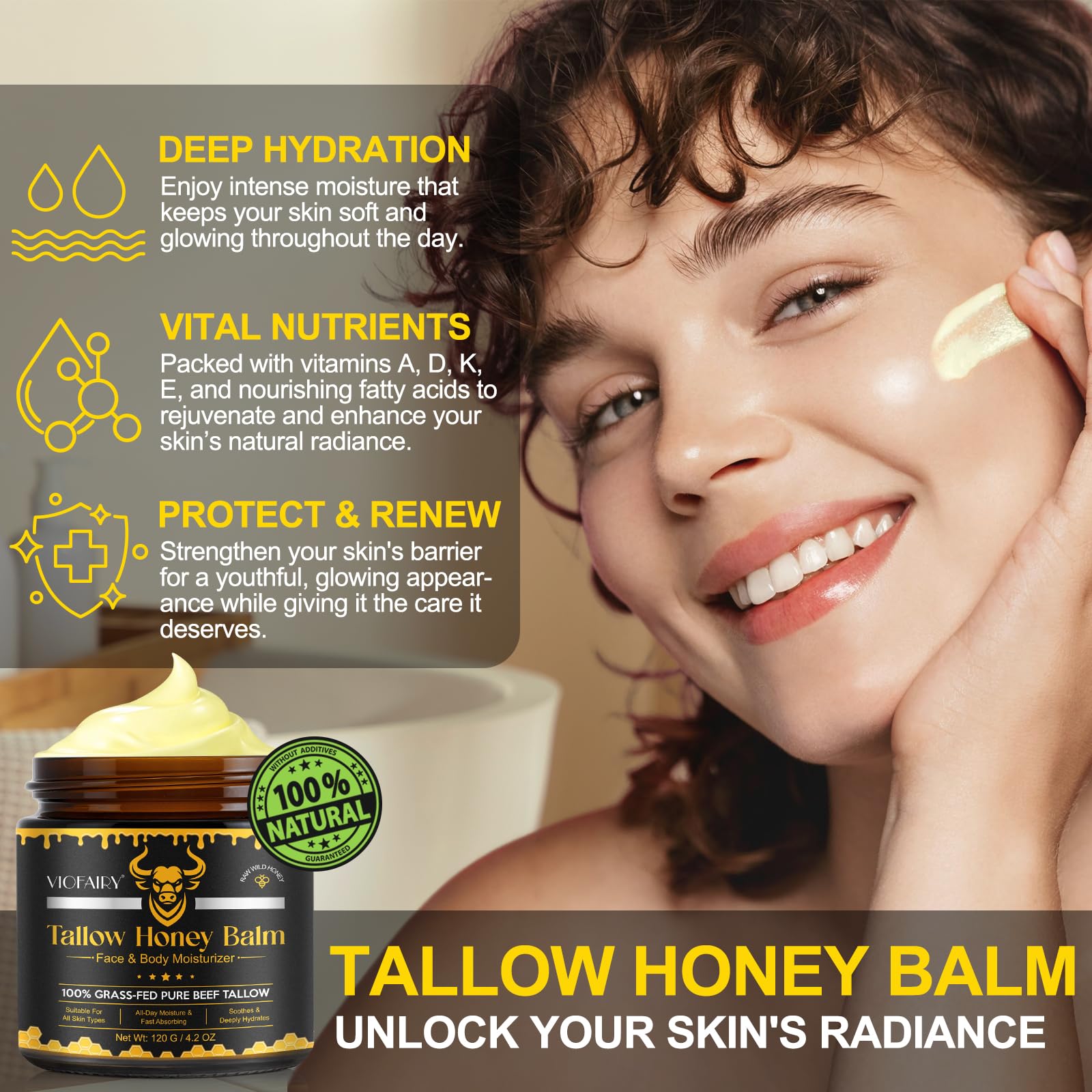 VIOFAIRY Whipped Tallow Honey Balm – Face & Body, 4.2oz