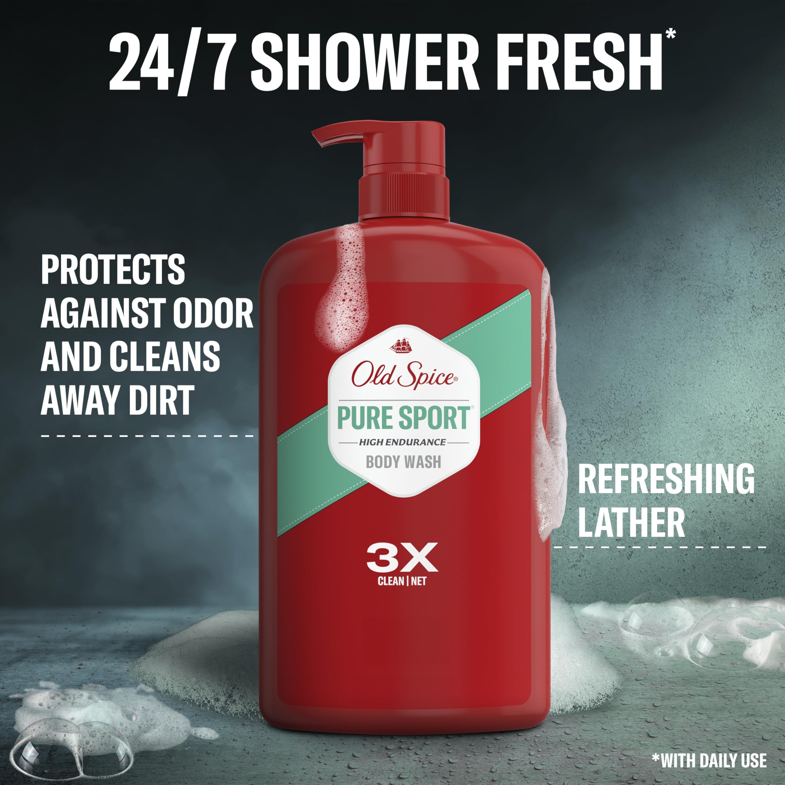 Old Spice High Endurance Body Wash Pure Sport in 33.4oz bottles, shown in a pack of four, with the bottles featuring the brand logo and label.