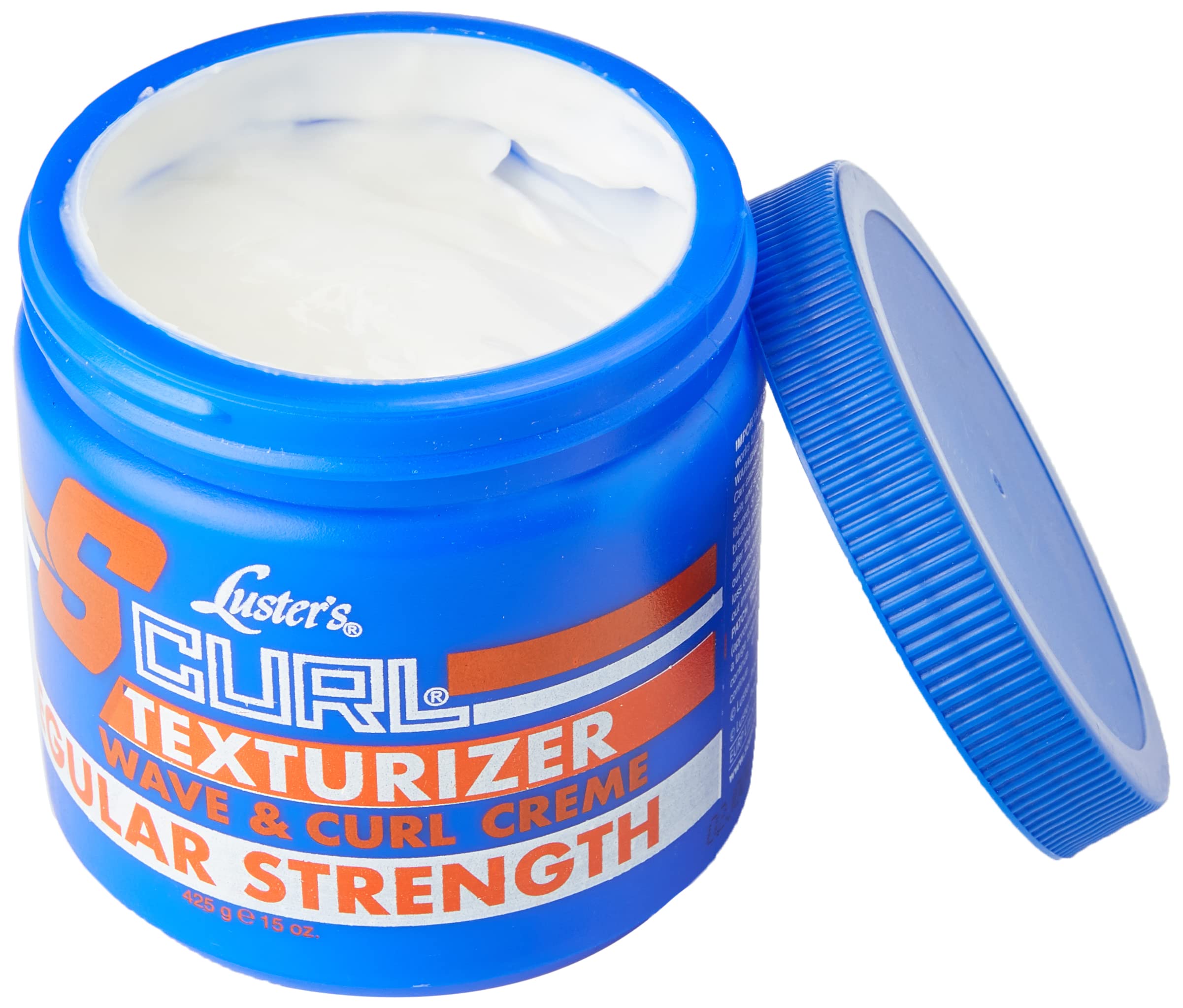 Luster S Curl Texturizer Wave & Curl Creme for hair styling, showing the product container and its textured design.
