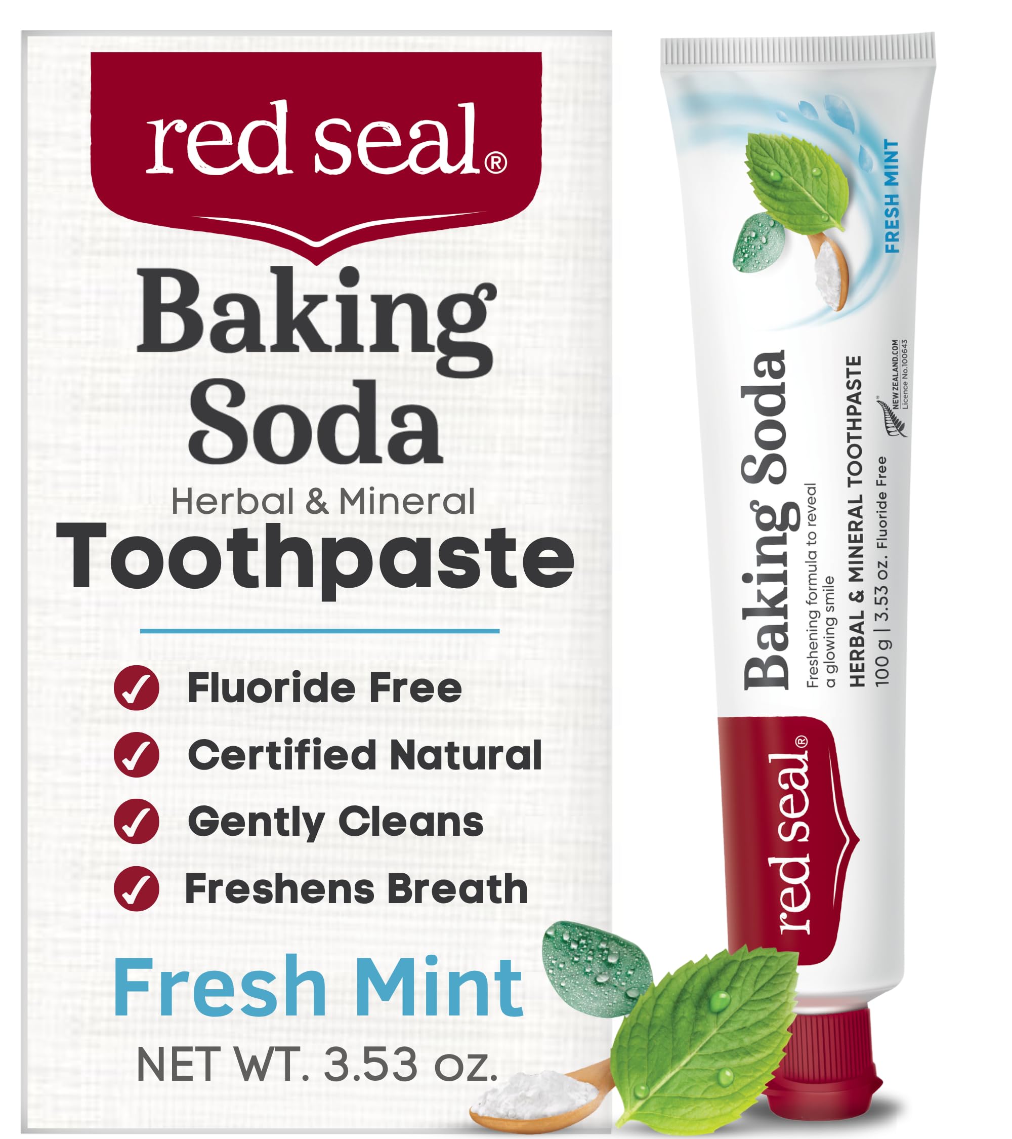 Red Seal Fluoride Free Toothpaste - Baking Soda - Herbal & Mineral Formula, Vegan-Friendly, Cruelty-Free, SLS and Paraben-Free, No Artificial Flavors, NATRUE Certified Natural, Dry Mouth Relief