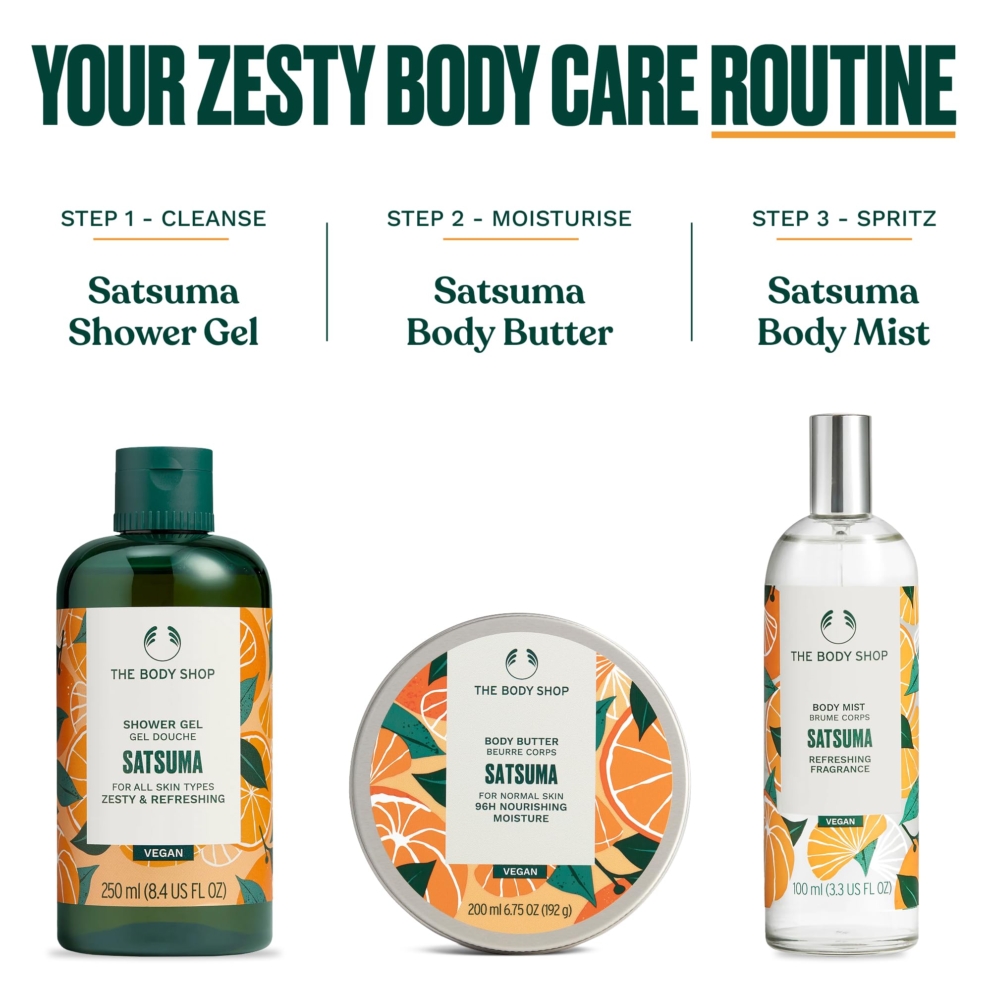 The Body Shop Satsuma Body Mist, vegan citrus spray in 3.3 oz bottle, featuring fresh satsuma scent and lightweight personal fragrance.