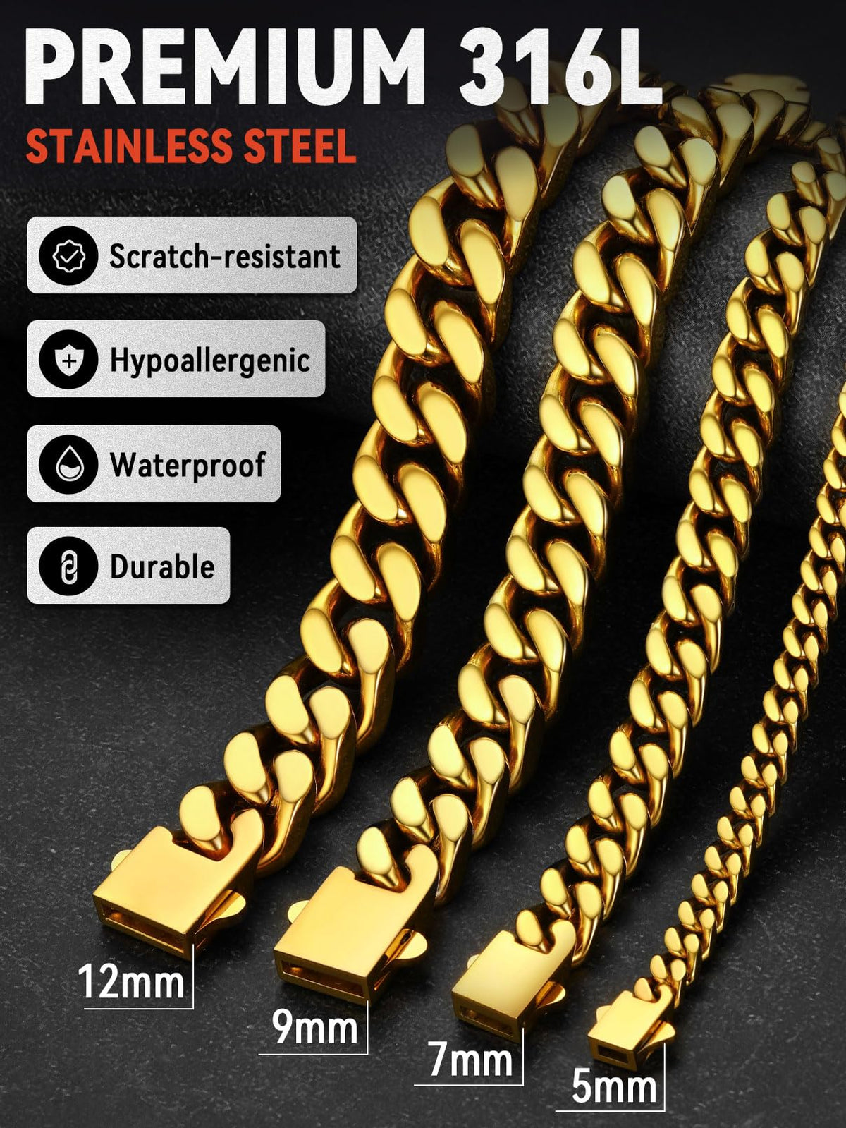 FaithHeart Stainless Steel Cuban Link Bracelet for Men, 5/7/9/12mm Width – full view, size Length 8.3 Inches