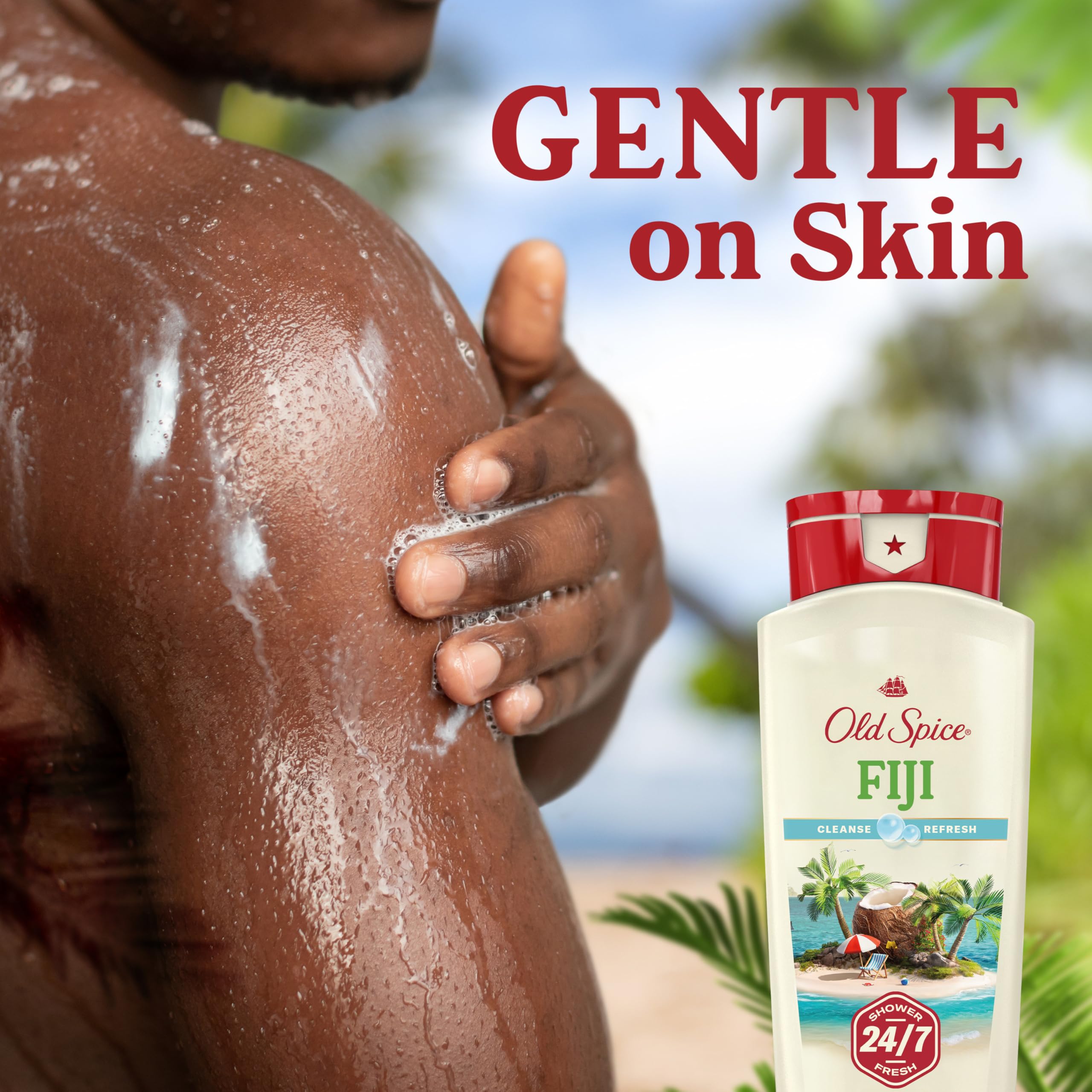 Old Spice 24/7 Shower Fresh body wash for men in 18 oz bottles, with palm tree and coconut scent, on a white background.
