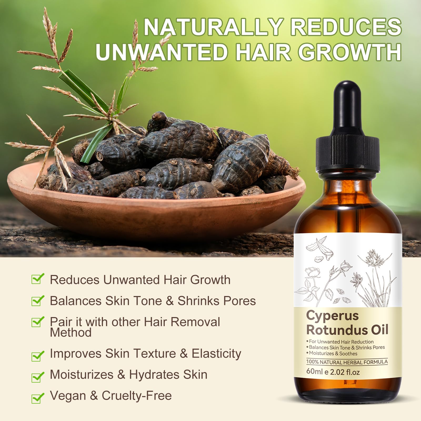 Cyperus Rotundus Oil, Cypress Oil for Hair Removal, Natural Soothing and Gentle, Reducing Body Hair Growth, Smooth Skin & Hair Removal, 2.02 Fl Oz