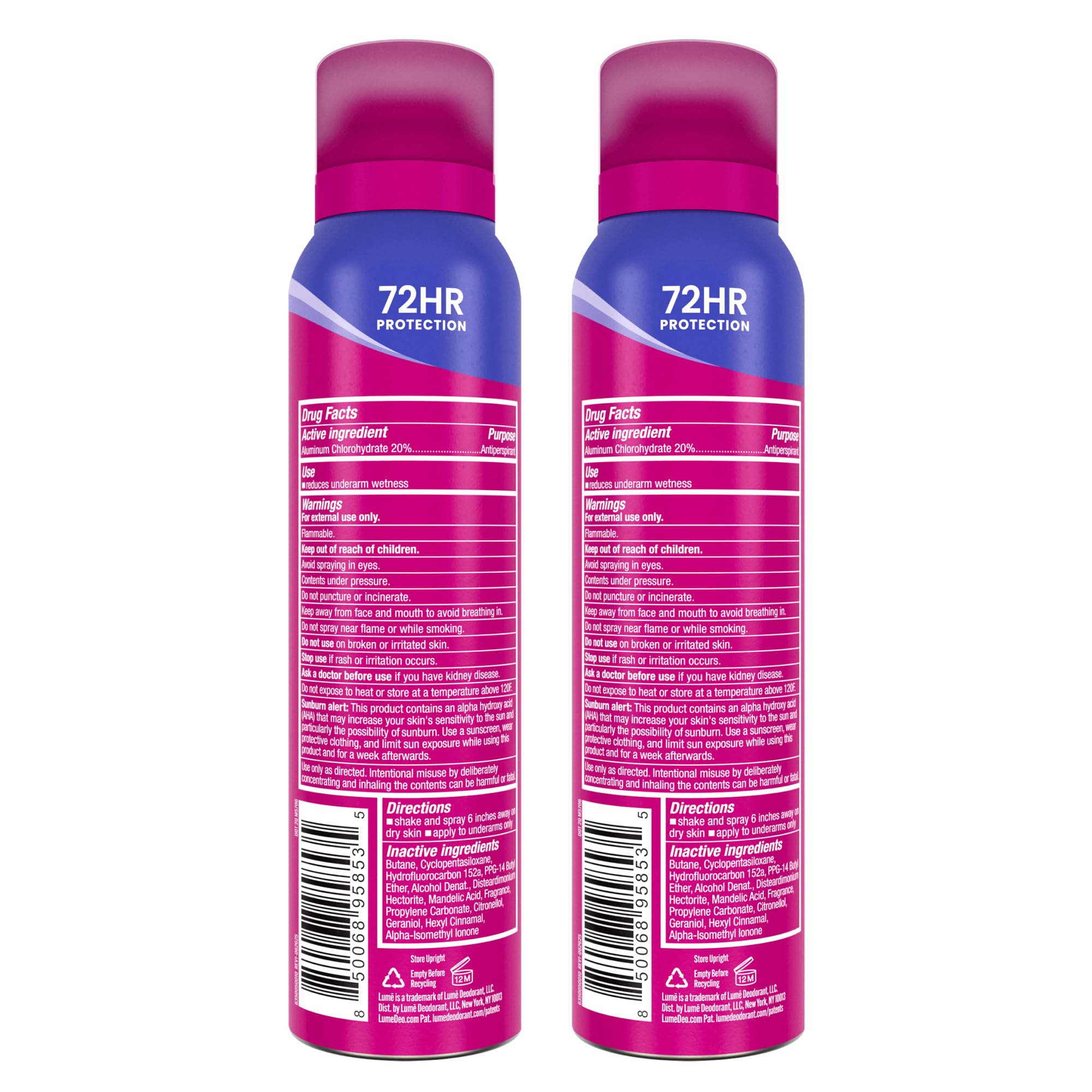 Lume Sweat Control Deodorant Spray 2-pack with soft powder scent, natural body deodorant for odor protection and freshness.