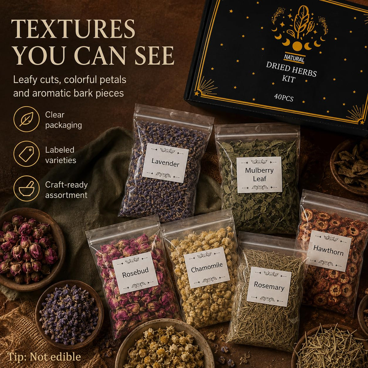 DreamdaMoonnly Witchcraft Herbs Kit, Dried Herbs and Flowers for Witch Beginners, 40 Pack – full view
