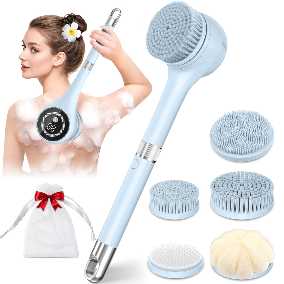 LUBEJR Electric Body Brush Back Scrubber for Shower,Bath Brush with Long Handle – Blue, Acrylonitrile Butadiene Styrene 