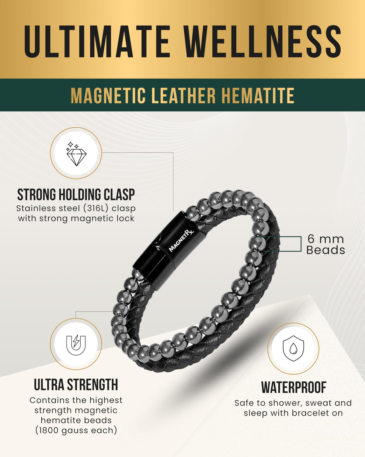 MagnetRX® Hematite Beaded Magnetic Bracelets (Large) – full view, size Large