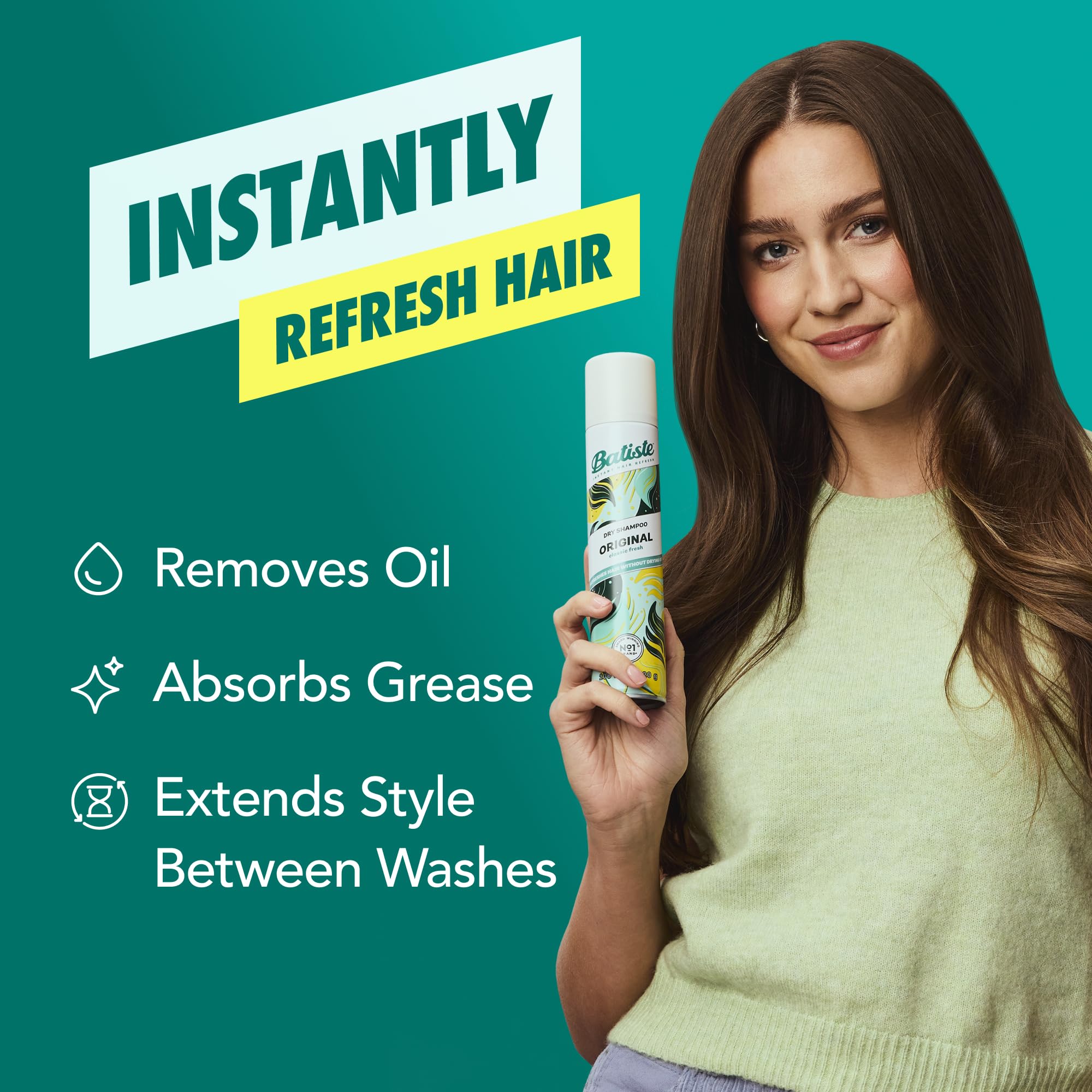 Batiste dry shampoo bottles in original scent, 3.81oz each, packed in a set, showing the waterless hair refreshment product.