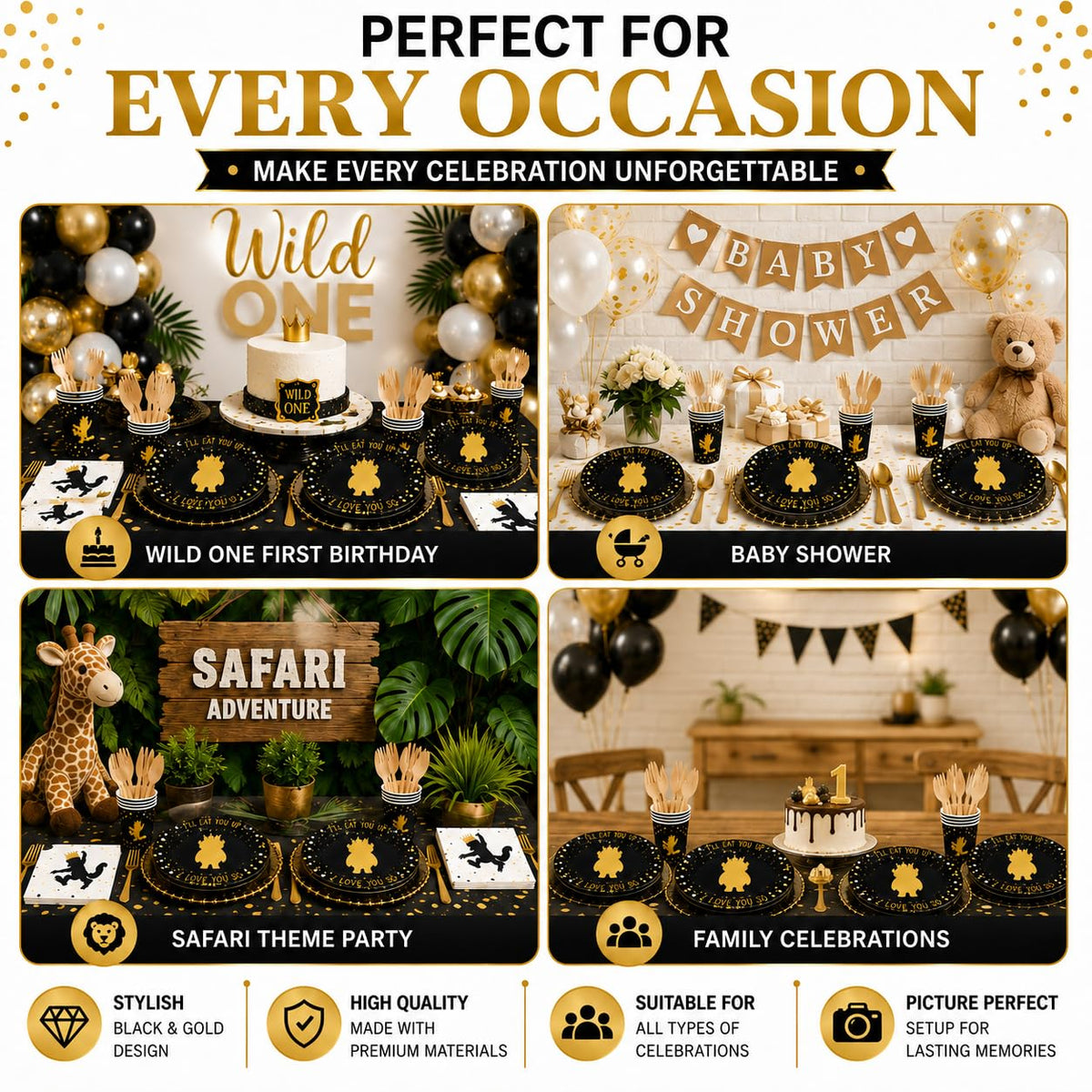 orangedolly Premium 169 PCs Wild One Birthday Decorations, Disposable & Leak-Proof Set – product photo (Plates)