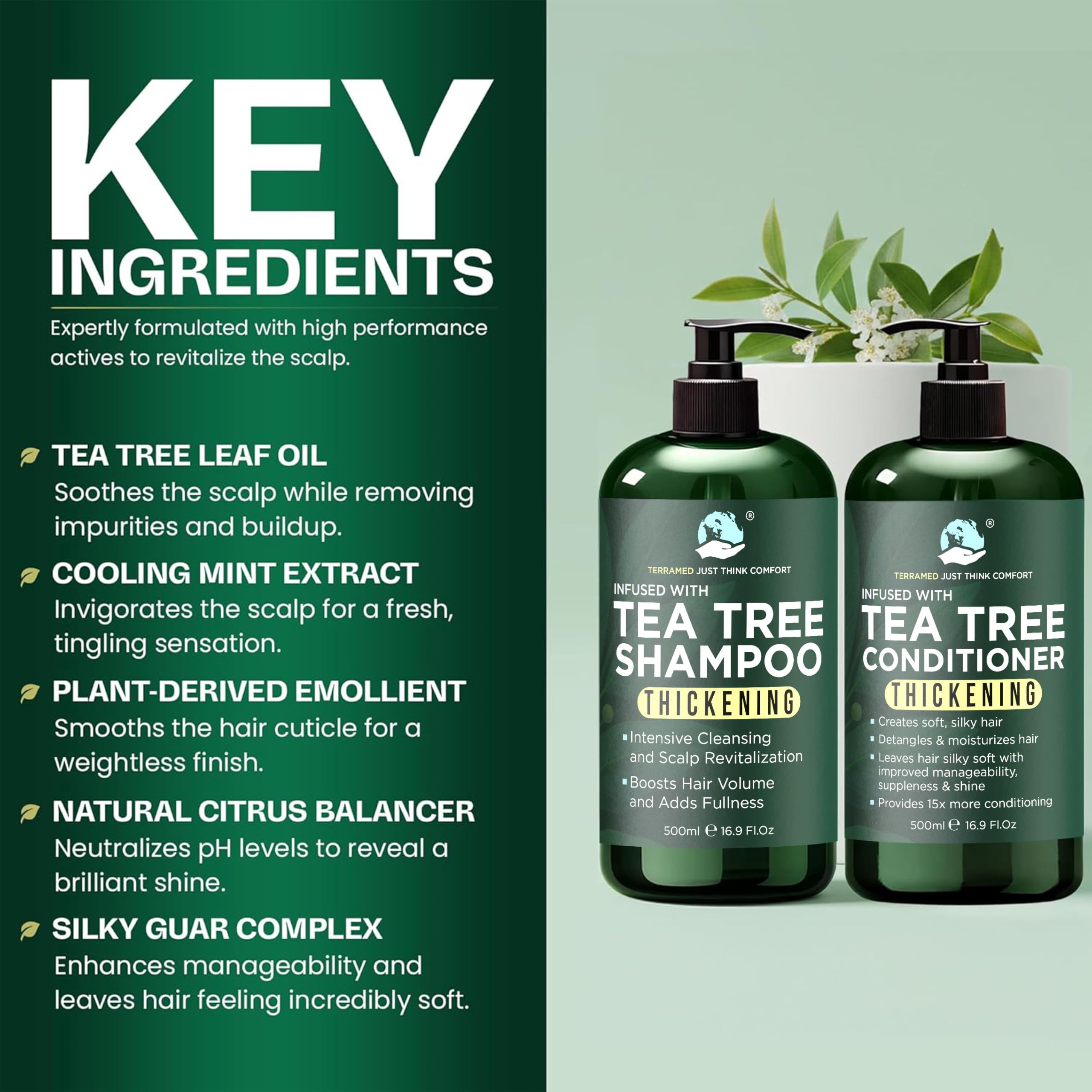 Terramed Just Think Comfort tea tree shampoo and conditioner set for clarifying hair growth and hair loss treatment.