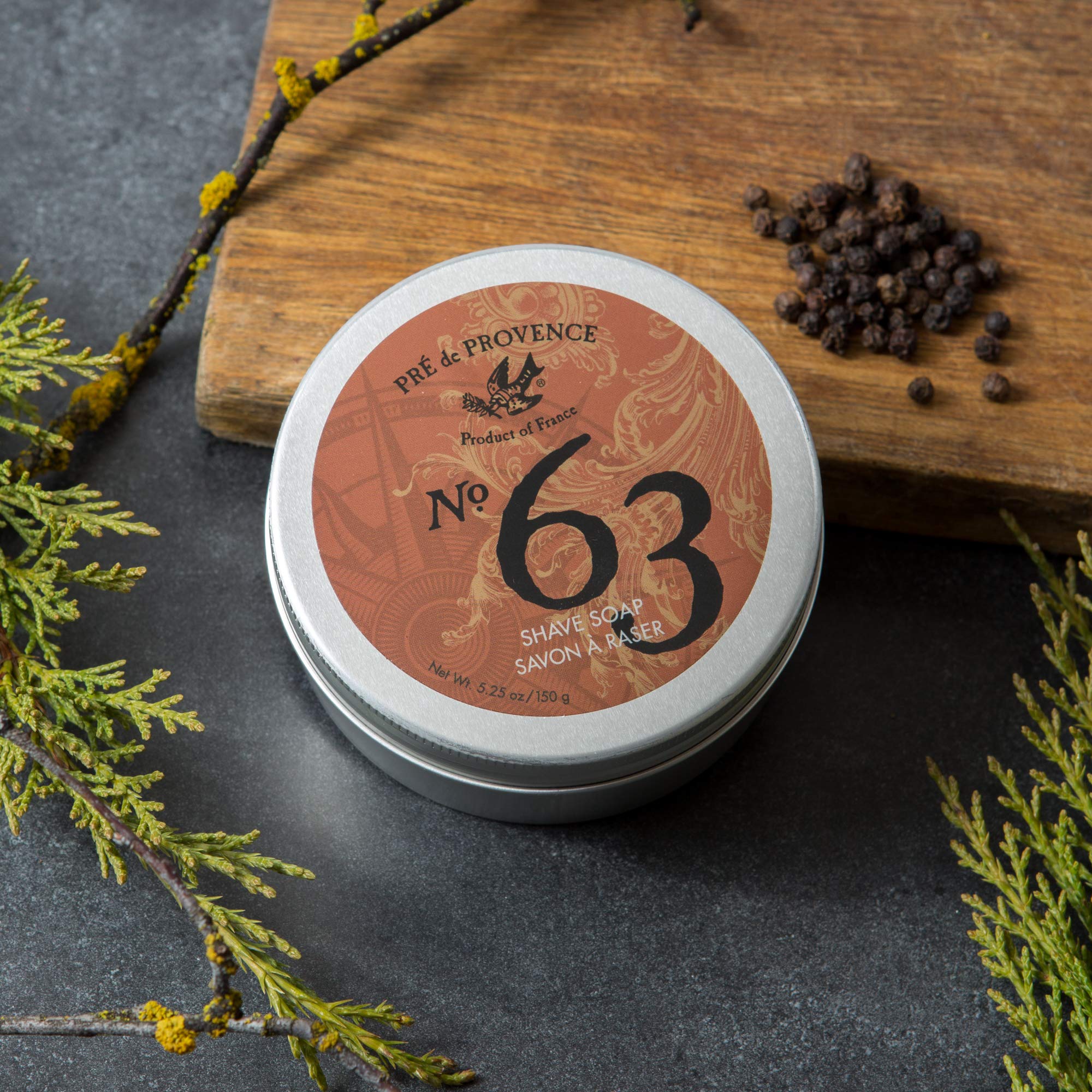 Pre de Provence No.63 men's shave soap in a tin, featuring a creamy lather and classic packaging for a smooth shave.