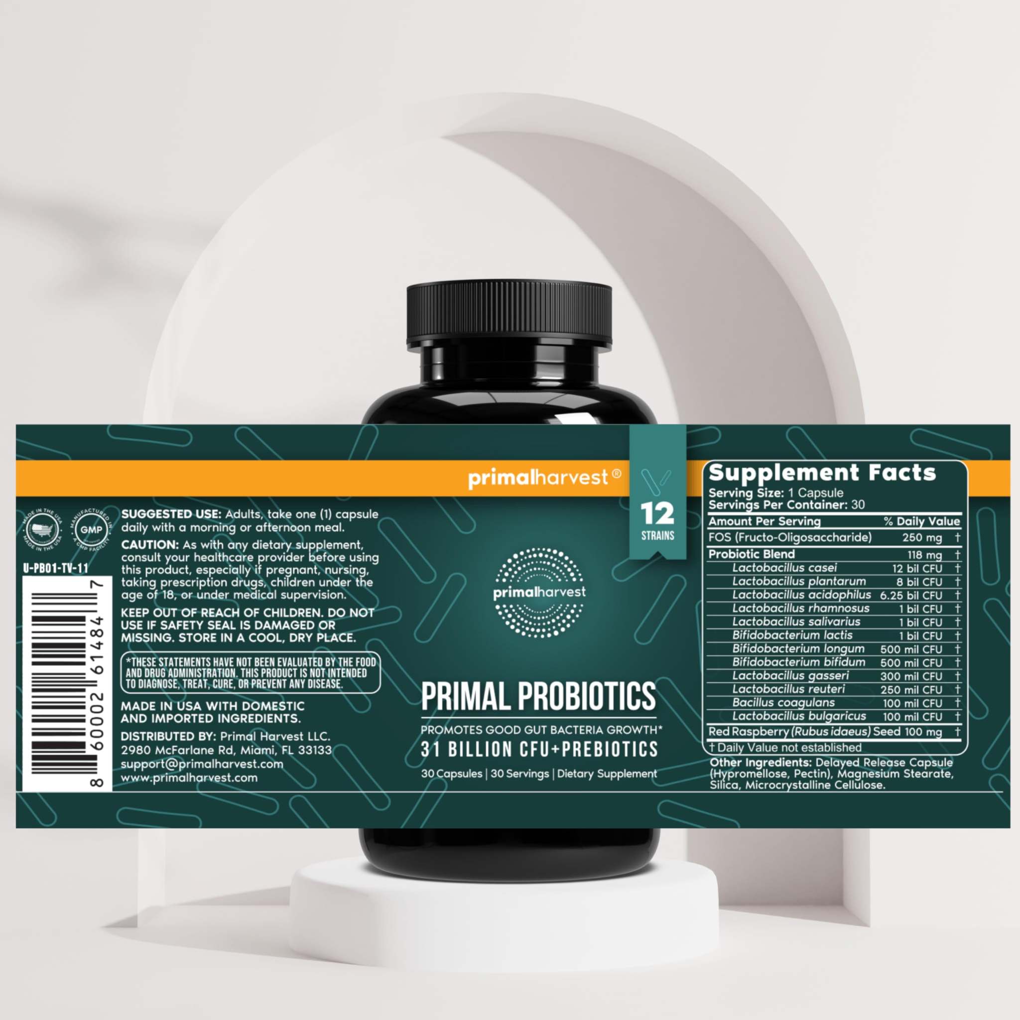 Primal Harvest probiotic supplement featuring 12 strains in a bottle, promoting digestive health and daily wellness.