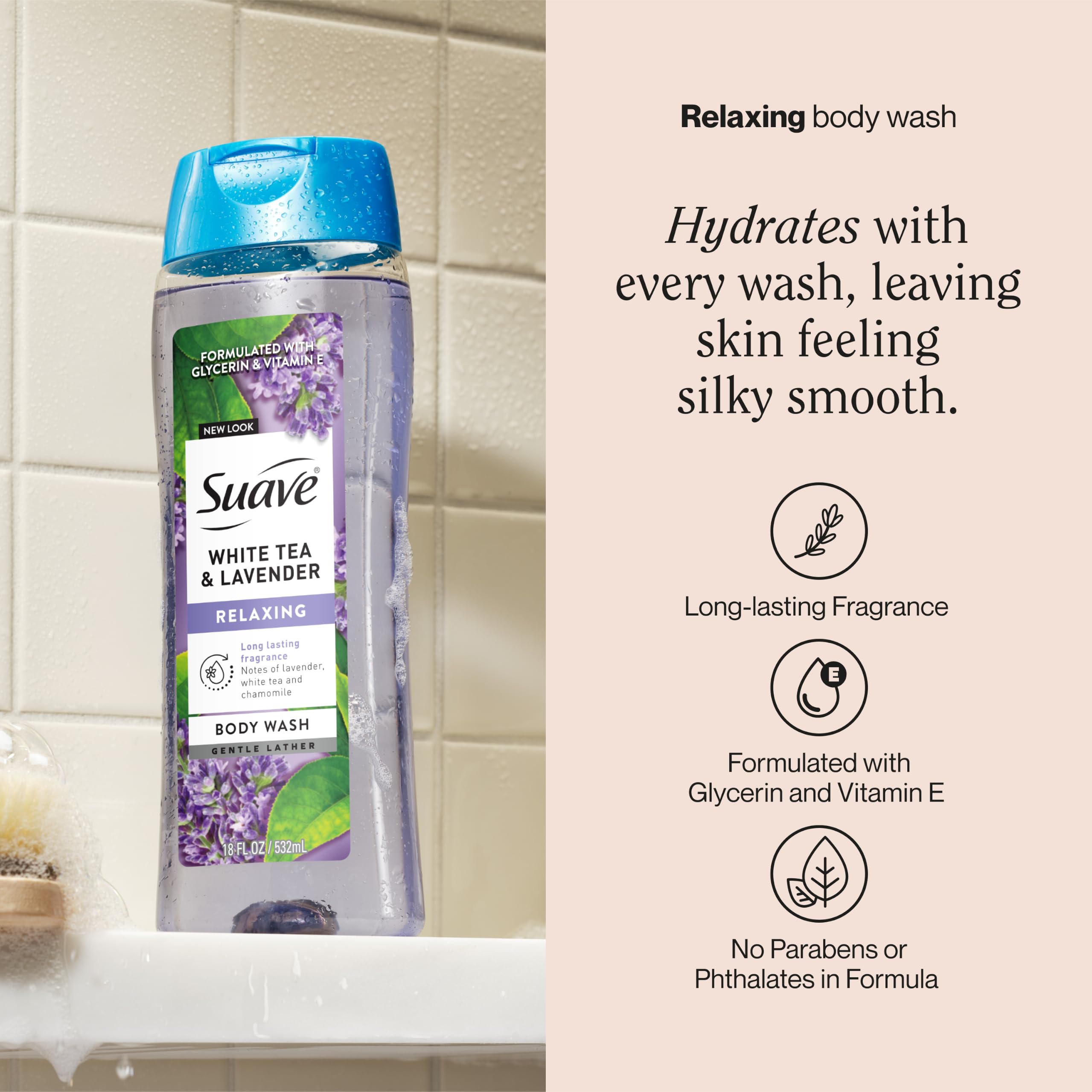 Suave Moisturizing Body Wash Women, White Tea and Lavender with Vitamin E and Aloe Extracts, No Parabens, No Phthalates, 18 Oz (Pack of 6)