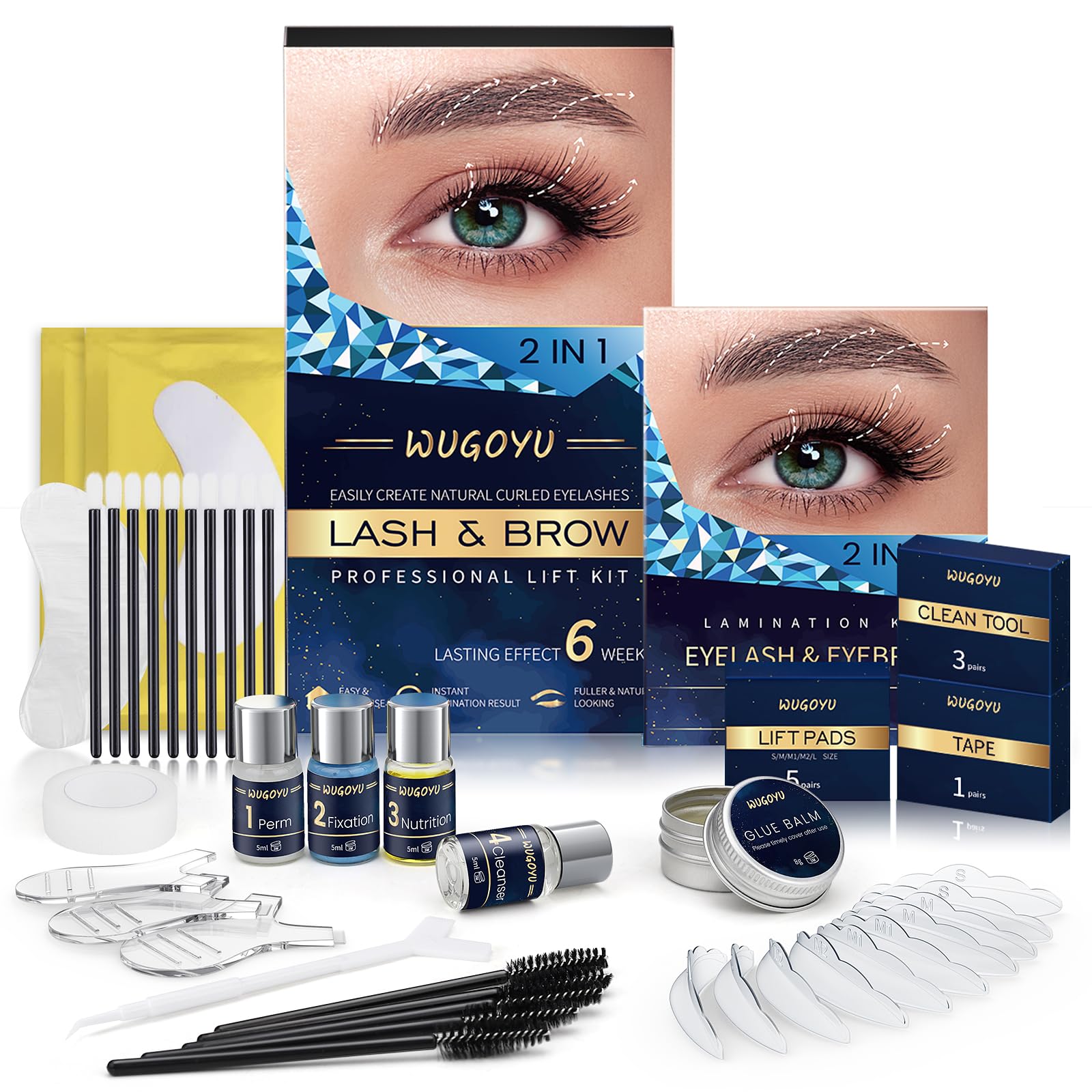 WUGOYU lash lift and eyebrow lamination kit with eyelash perm tools, adhesive, and styling supplies for salon or home use.