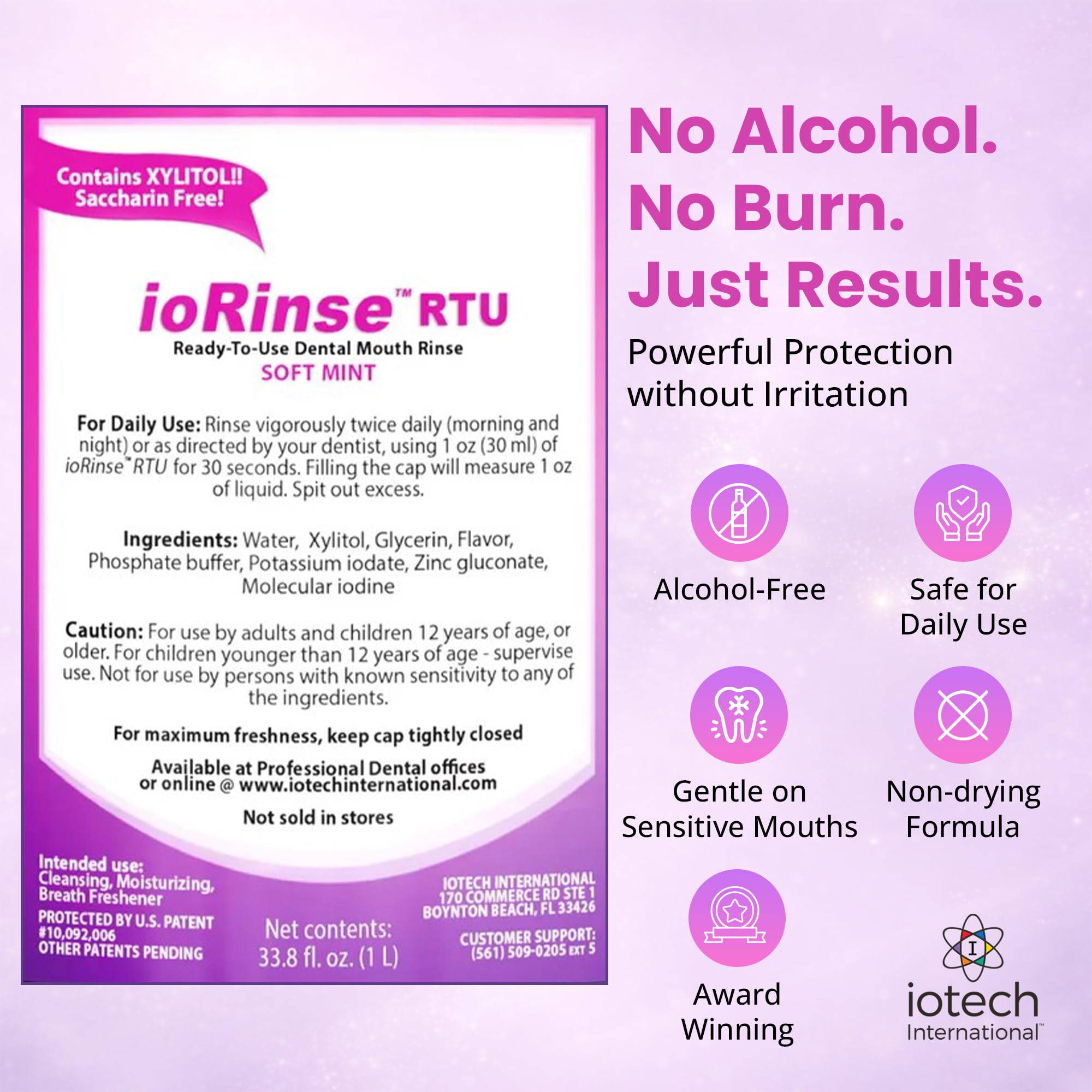 Iotech International ioRinse RTU Molecular Iodine Mouthwash in soft mint flavor, showing the bottle with mint leaves and label.