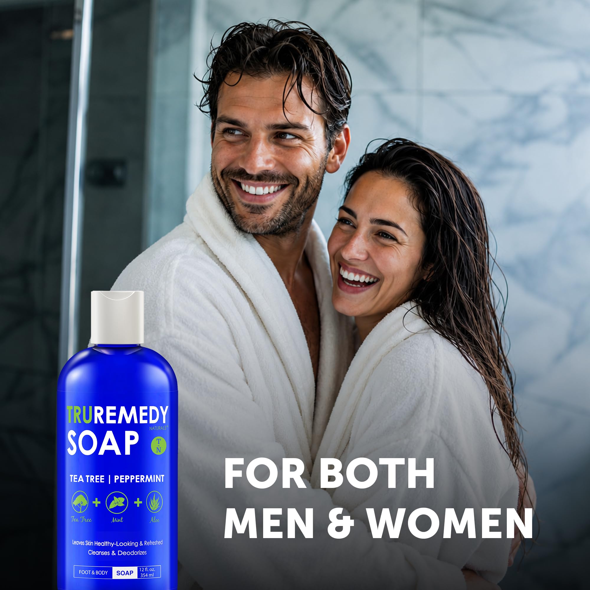 Truremedy Naturals Tea Tree & Peppermint Body Wash in a 12oz bottle, showing the natural ingredients and packaging.