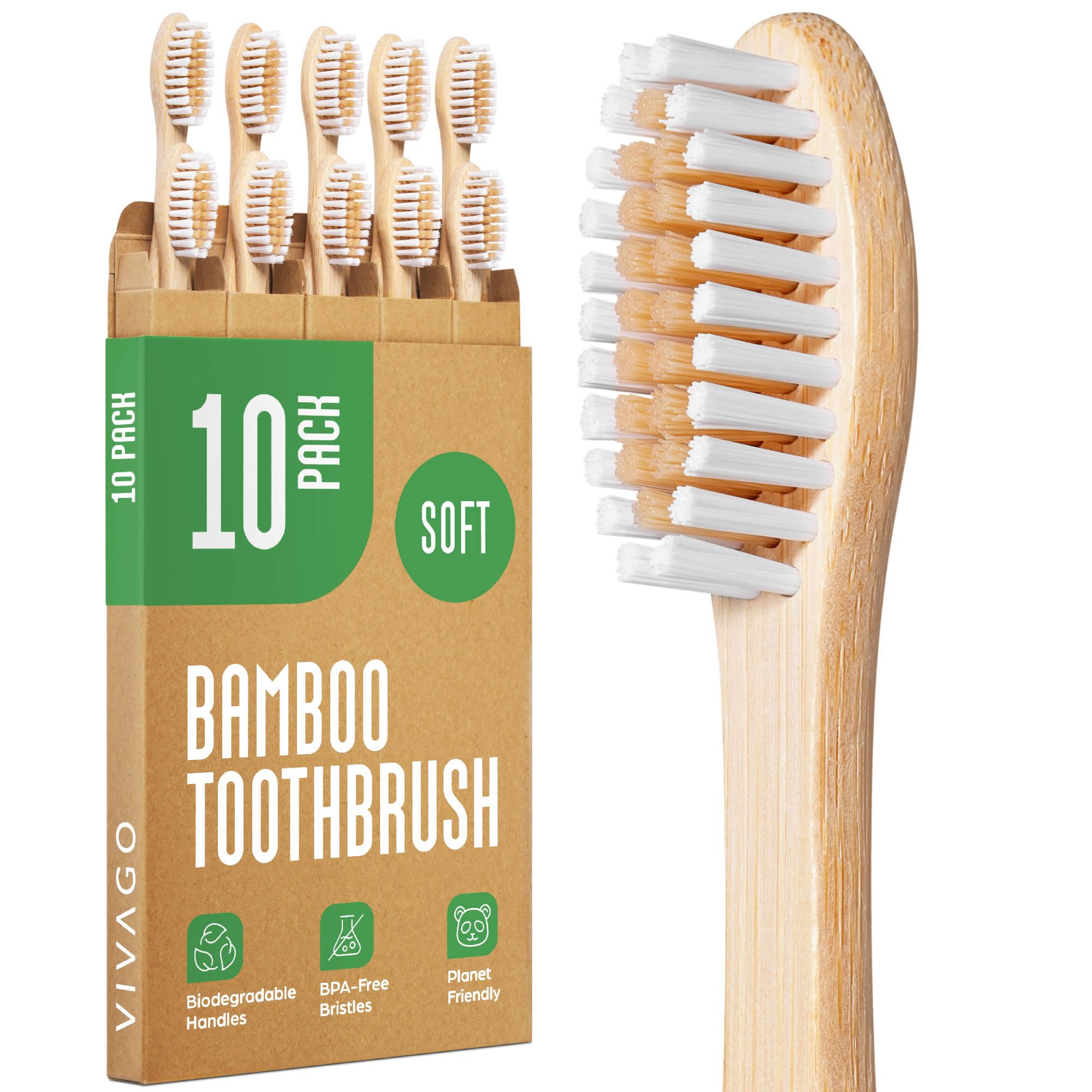 VIVAGO Bamboo Toothbrushes 10 Pack - Soft Bristles Toothbrushes - Product Imagery