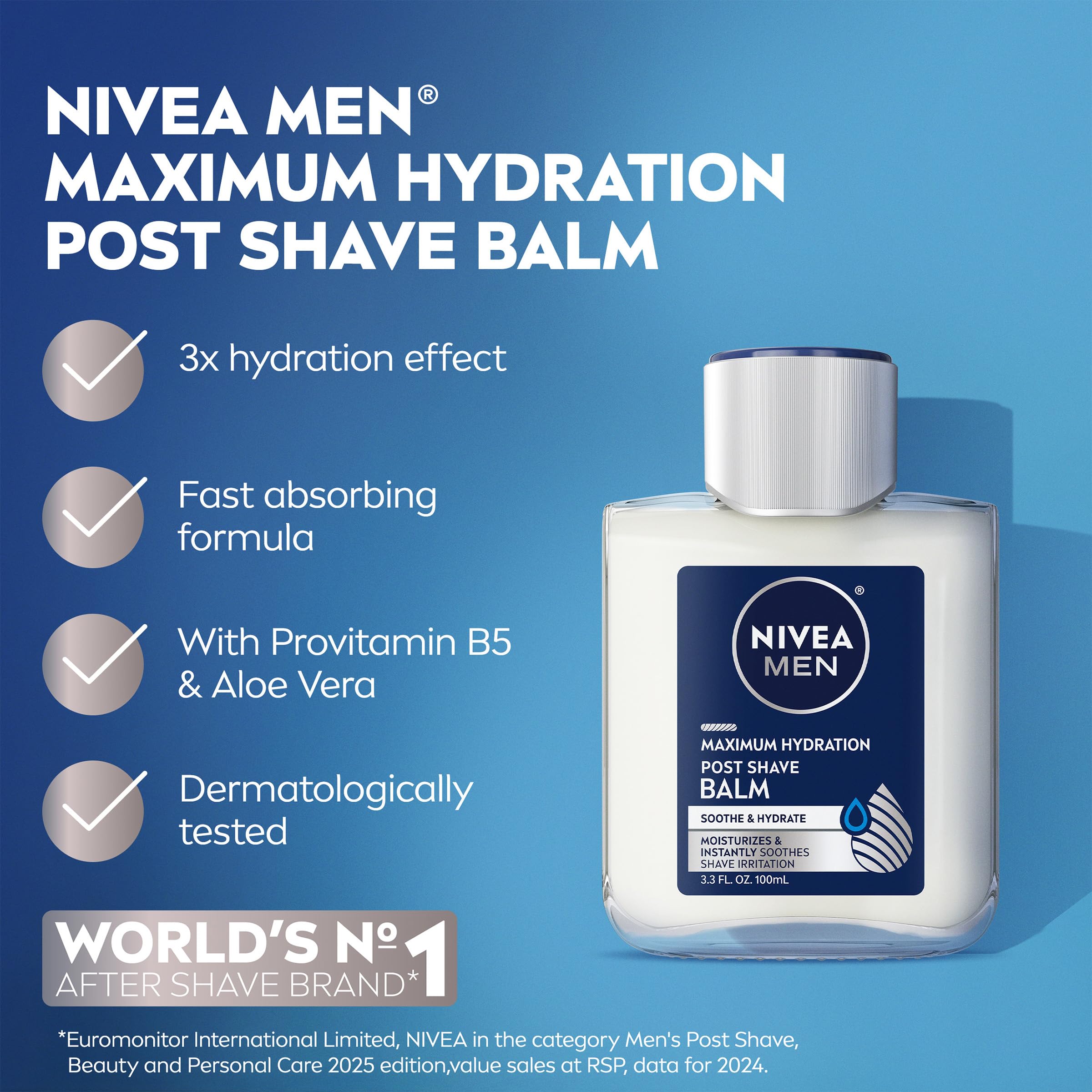 NIVEA MEN Maximum Hydration Post Shave Balm in a multipack, 3 bottles of 3.3 FL OZ each, for soothing post-shave care.