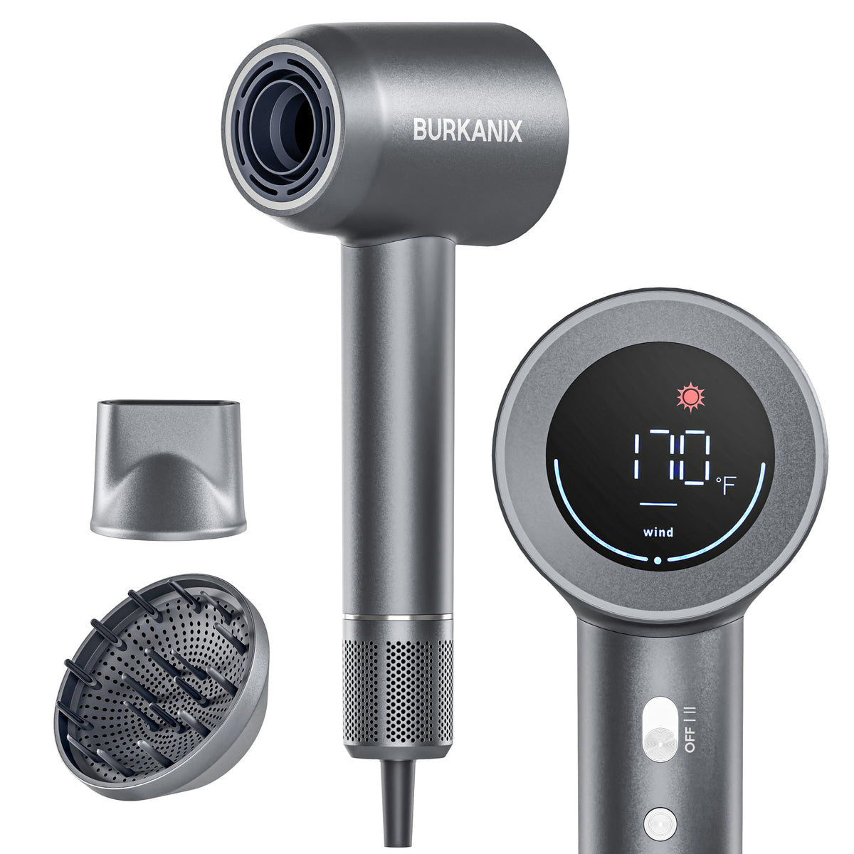 BURKANIX Hair Dryer, High-Speed Ionic Blow Dryer with Diffuser, Low Noise Fast Drying Hair Dryer with Brushless Motor, T
