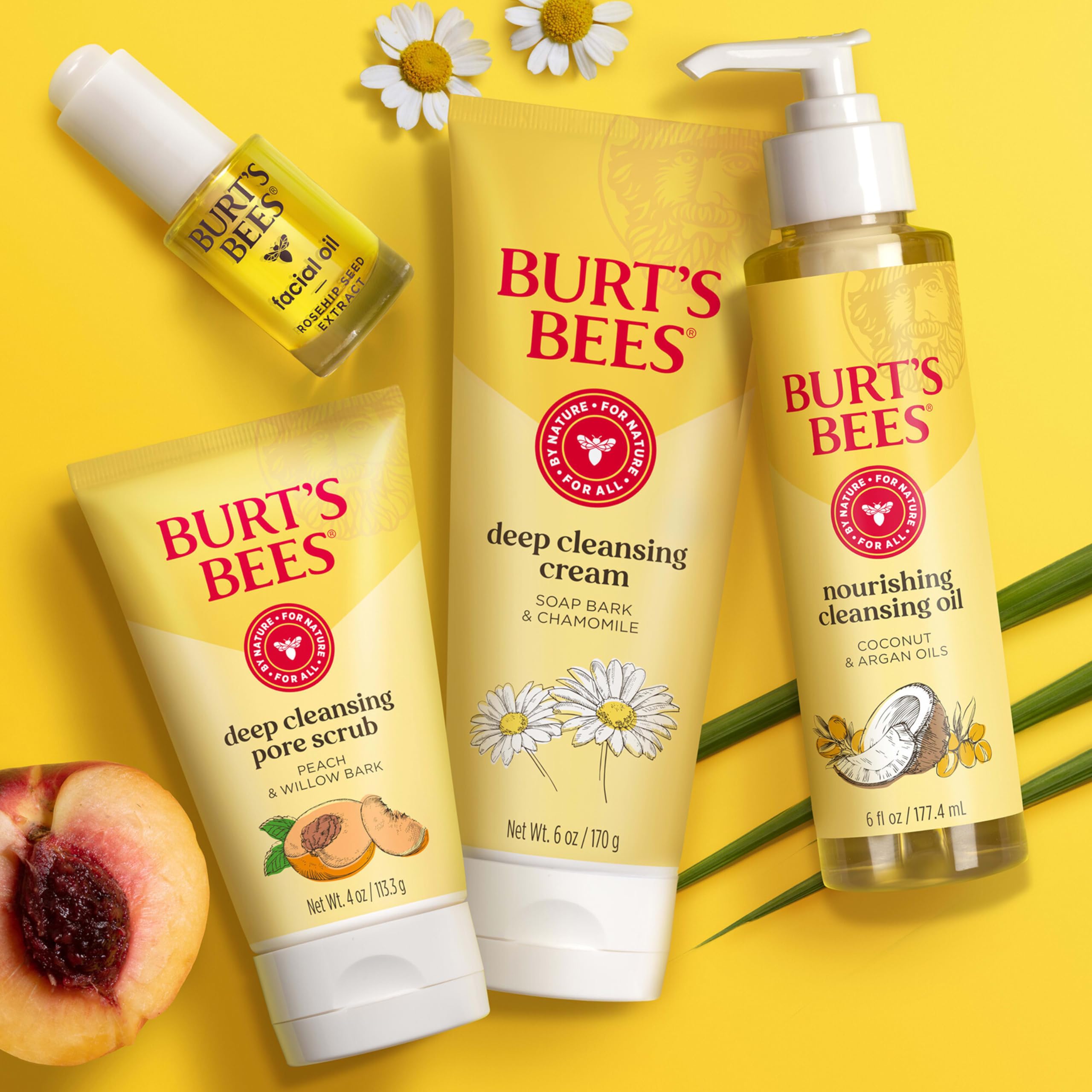 Burt's Bees Deep Facial Cleansing Cream face wash in 6 oz bottles, natural cleanser with chamomile, pack of 3 for skin cleaning