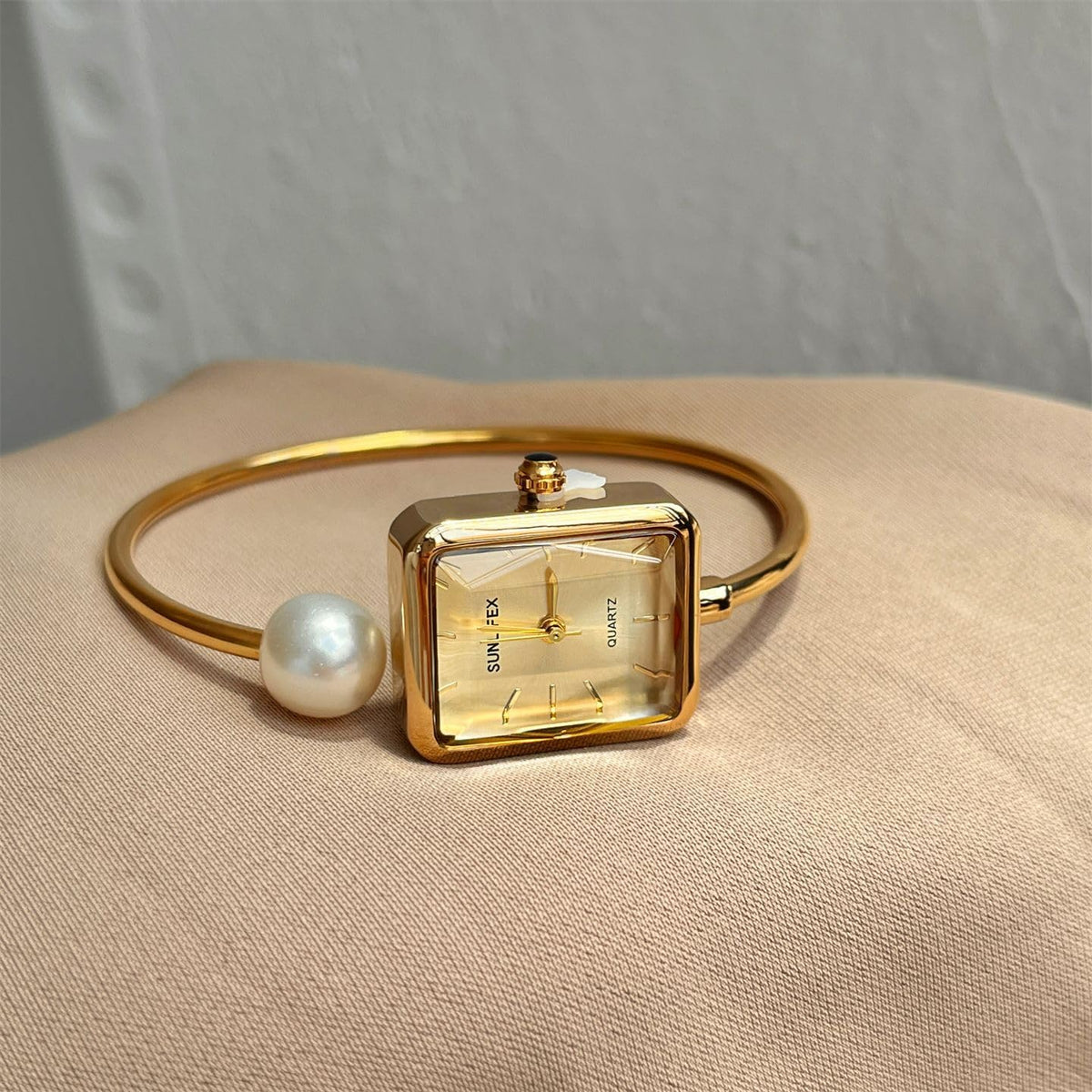 Gosasa Pearl Bangle Watch for Women, Gold Bracelet Watch with Square Easy Read Dial, Dainty Elegant Cuff Watch for Women