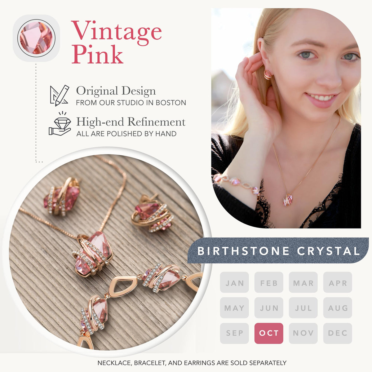 Leafael Wish Stone Necklace, Stud Earrings Jewelry Set for Women, October Birthstone Vintage Pink Crystal Jewelry, Silve