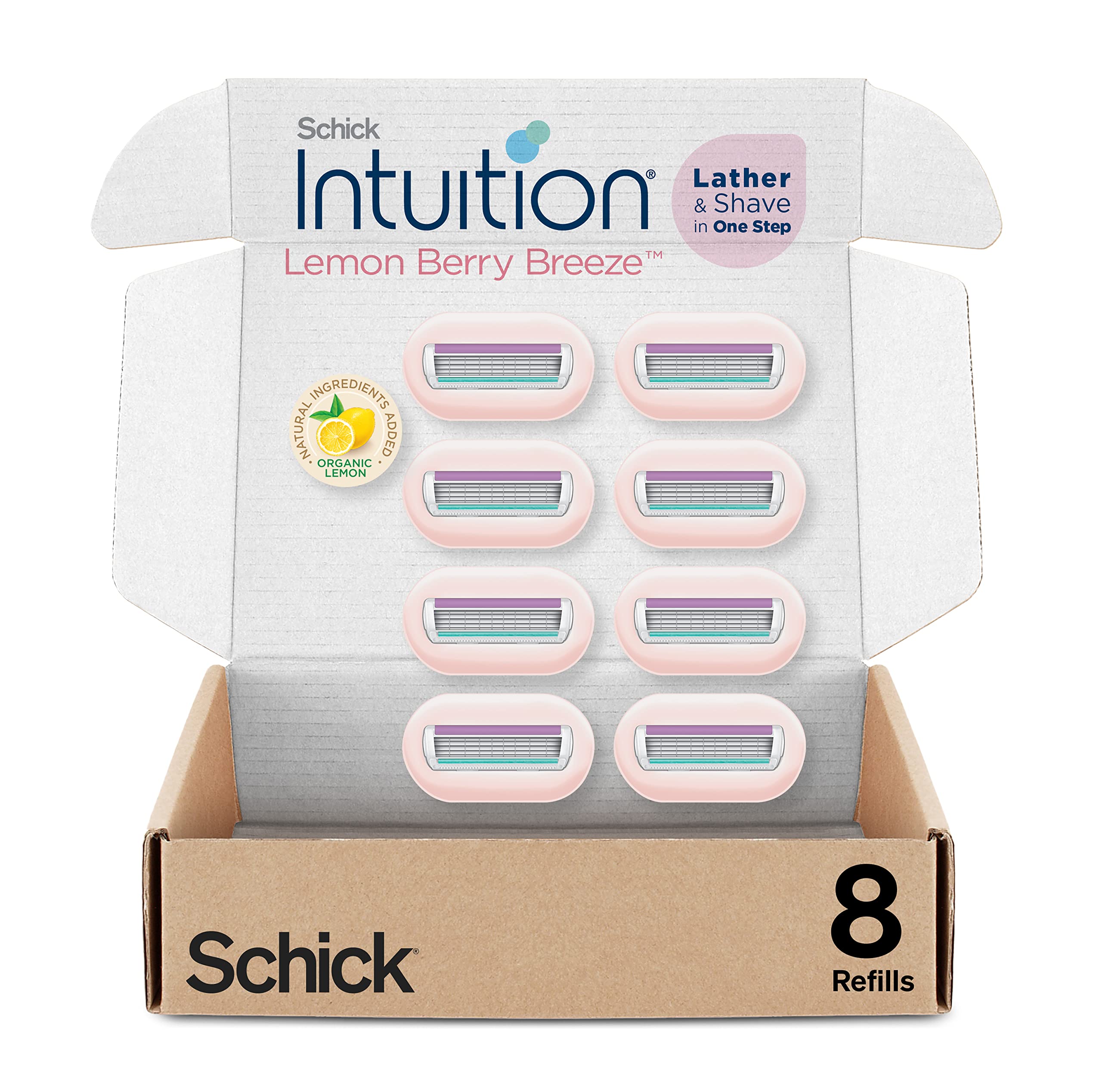 Schick Intuition Razor Blade Refill for women with organic lemon scent, 8-pack, designed for smooth shaving and easy replacement.