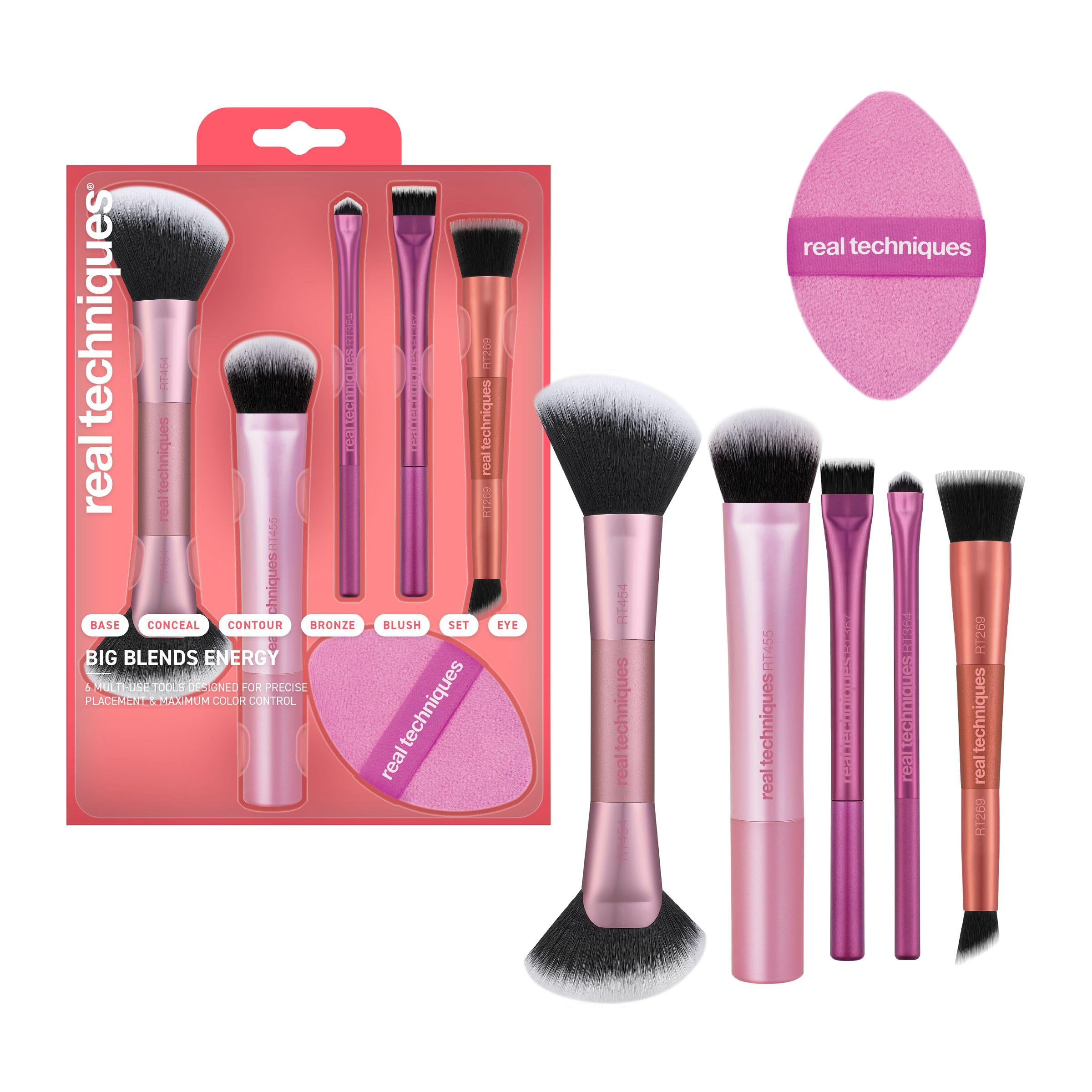Real Techniques Big Blends Energy Brush and dual-sided puff kit, 6-piece cosmetic brush set for makeup application.
