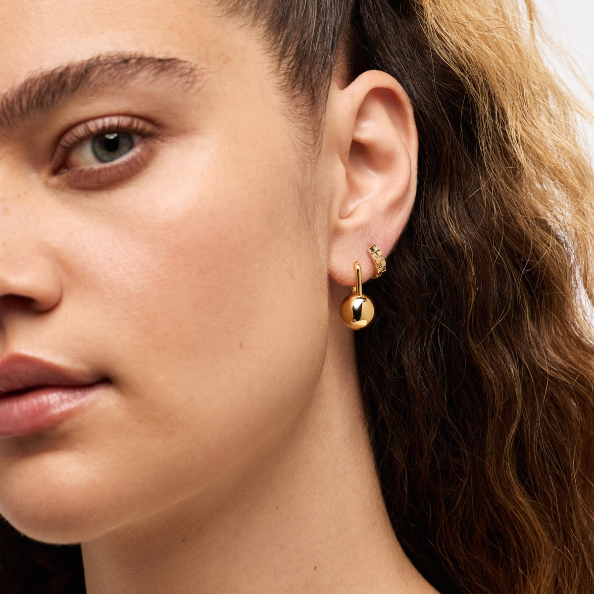 Ana Luisa Chunky Ball Earrings - 14K Gold Plated & Silver Rhodium Plated – close-up detail in Gold