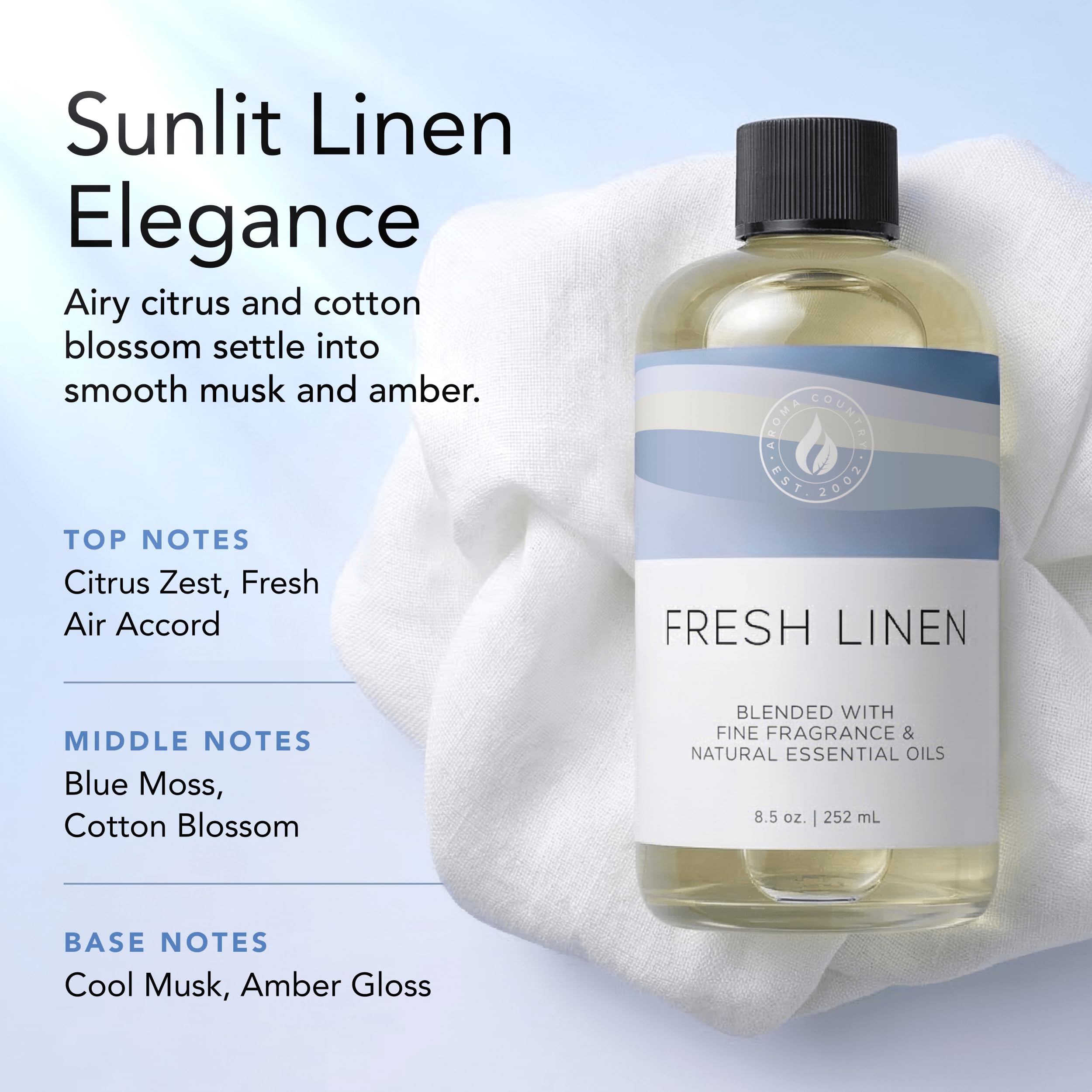 Aroma Country Fresh Linen diffuser oil refill in an 8.5 oz bottle, natural essential oil for home scenting and ambiance.