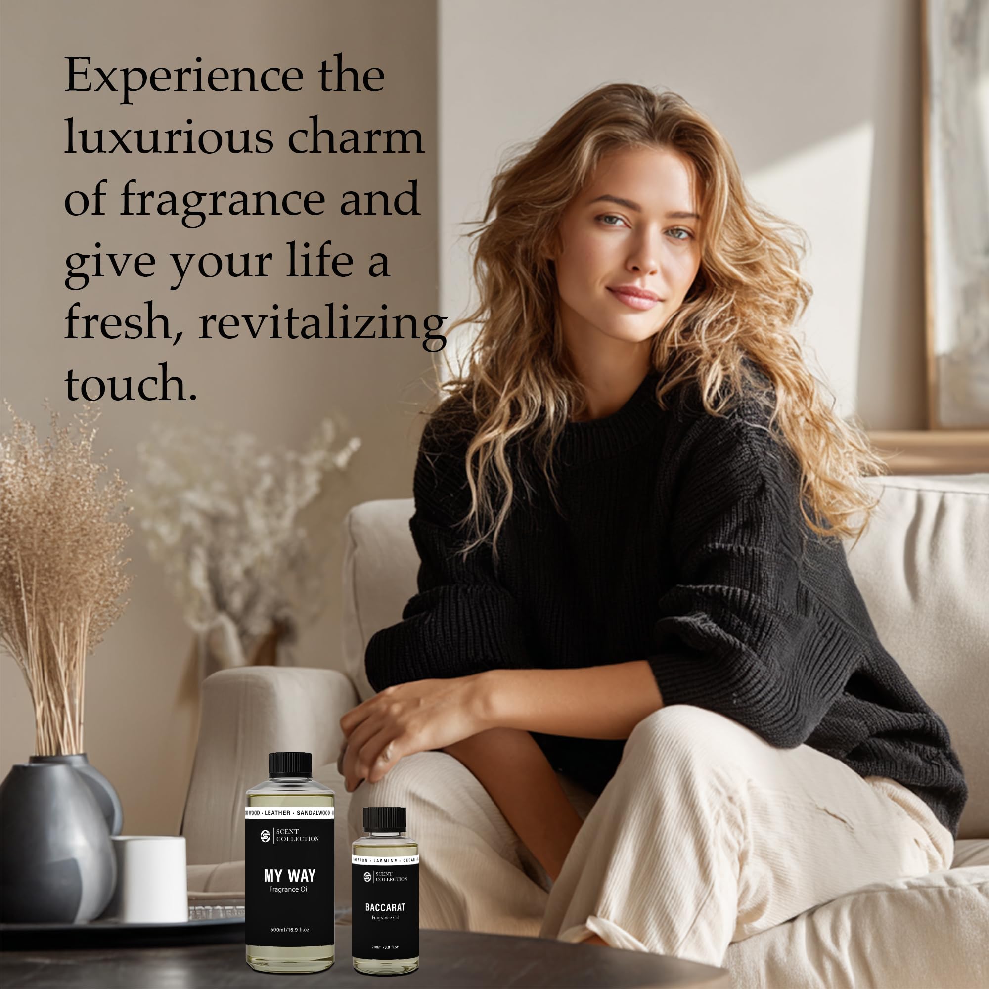 Baccarat Hotel Scent Collection saffron cedar essential oil diffuser oil in a 200ml bottle, with a natural amber-colored liquid.