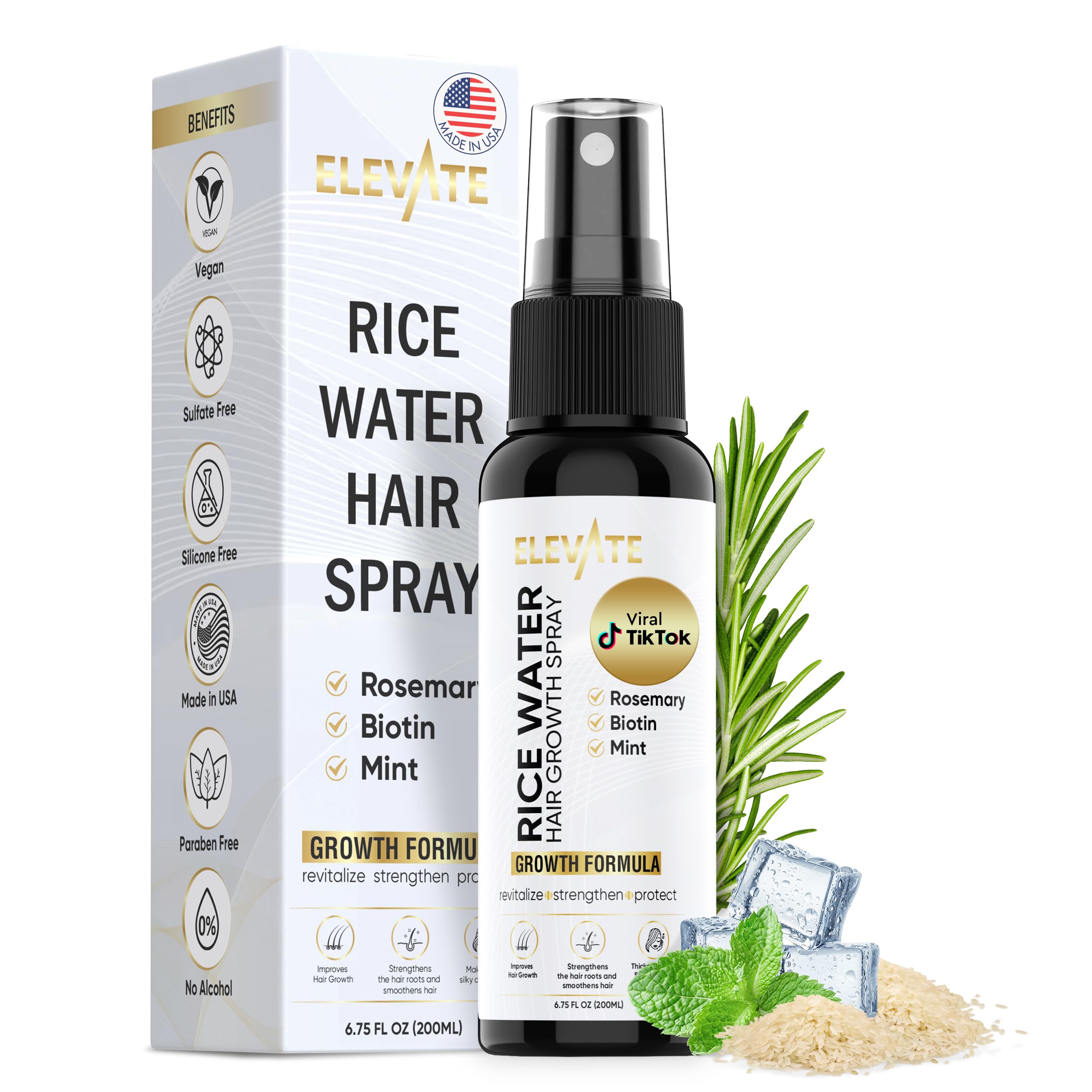 Elevate Rice Water Spray for Hair Growth with fermented rice water, rosemary, and biotin in a vegan leave-in mist for thicker hair.