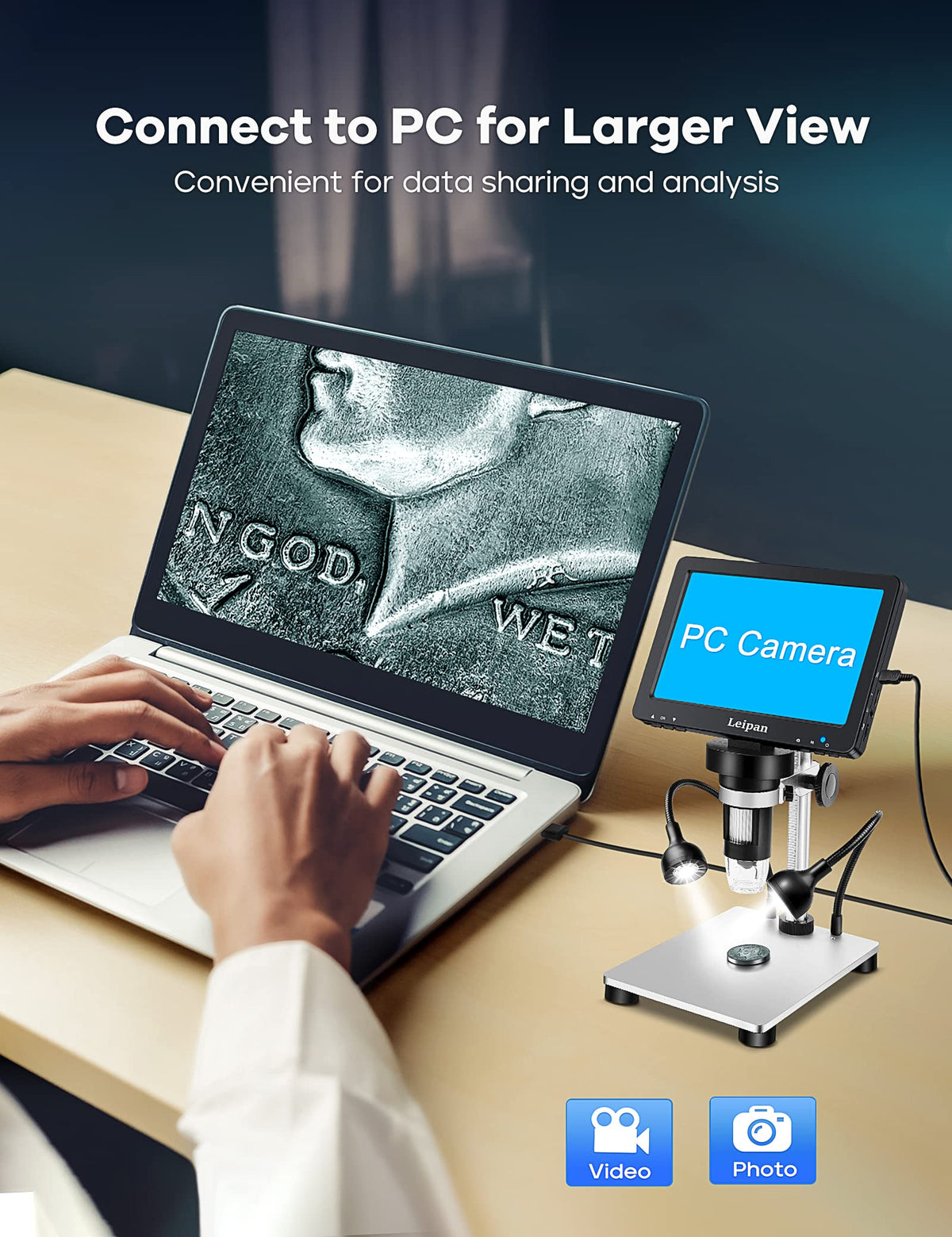 Leipan 7" LCD Digital Microscope 1200X,12MP Coin Microscope with Screen – packaging and label