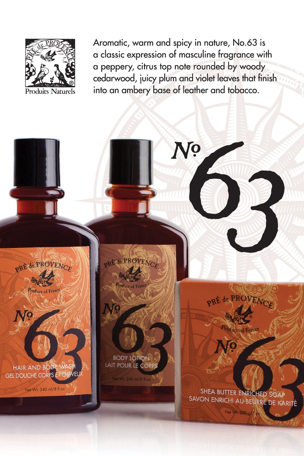 Pre de Provence No.63 men's shave soap with tin, featuring a rich lathering formula for a smooth, clean shave.